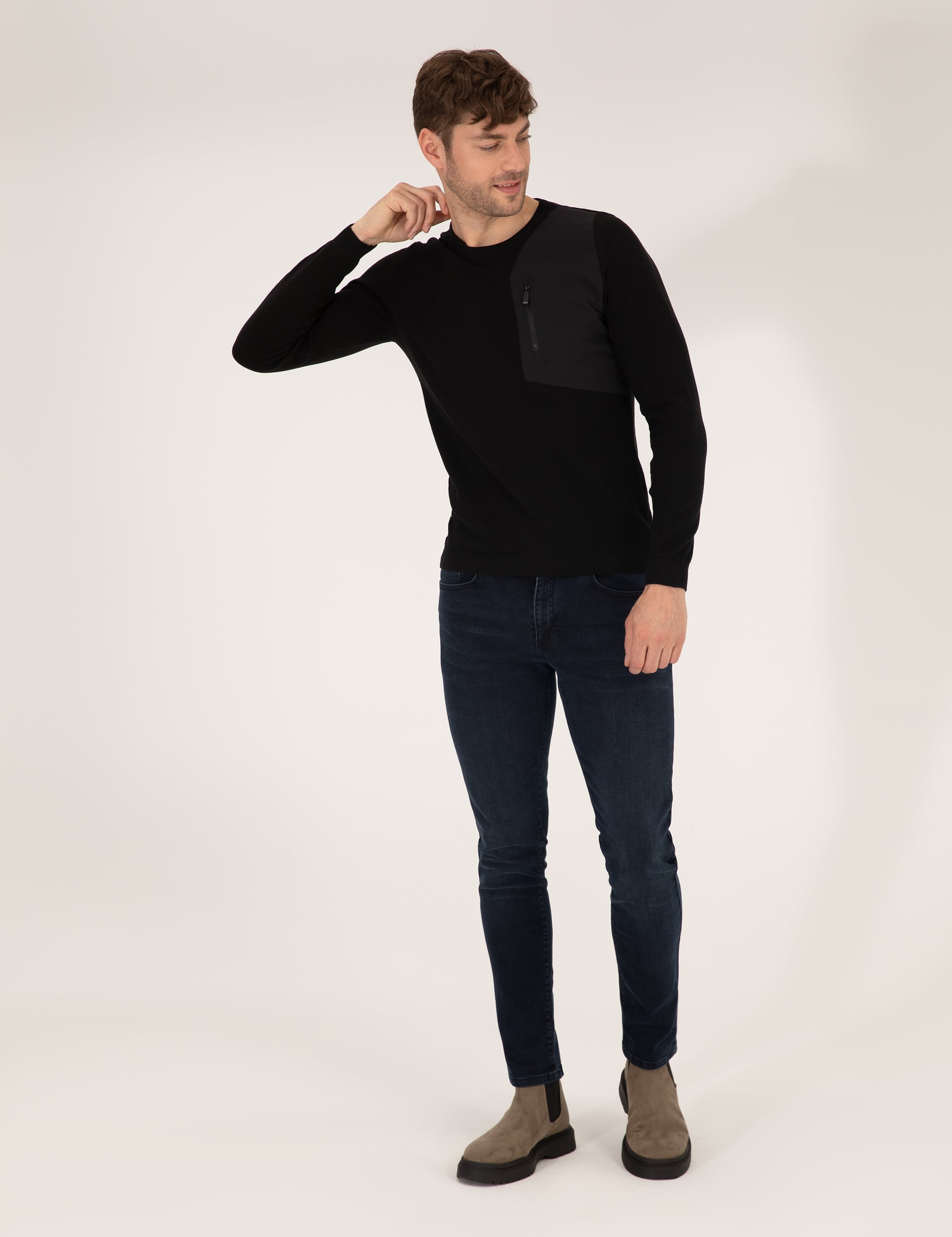 Pierre Cardin Siyah Slim Fit Bisiklet Yaka Triko Kazak görsel 4