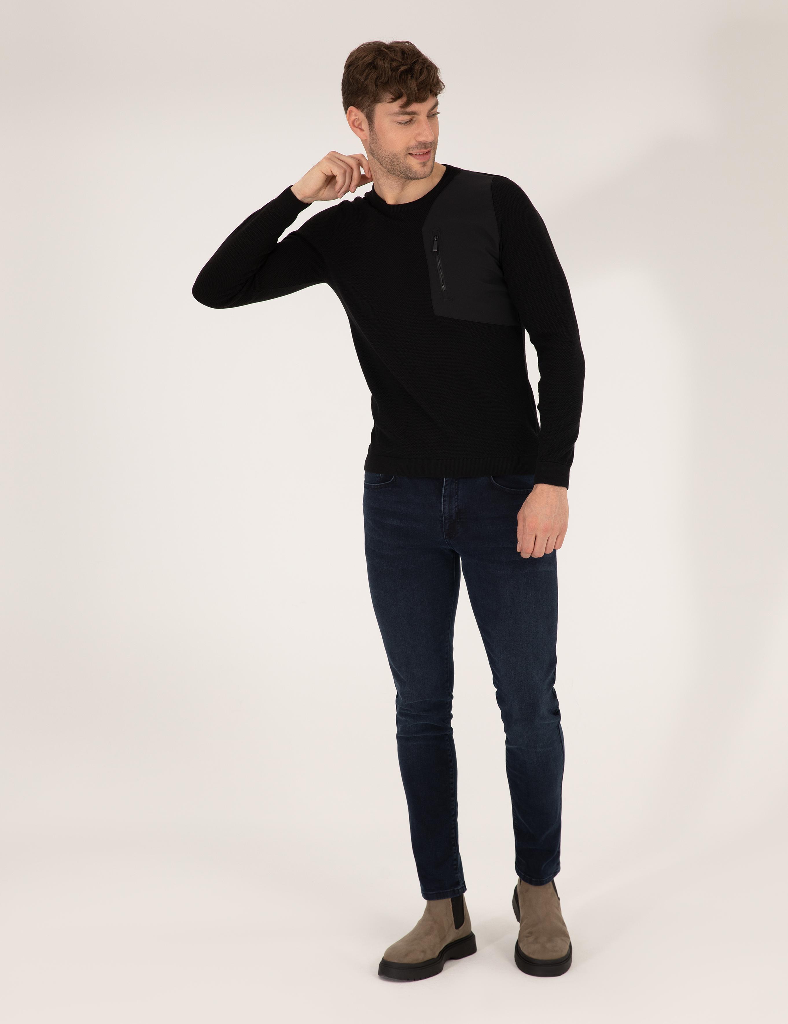 Siyah Slim Fit Bisiklet Yaka Triko Kazak