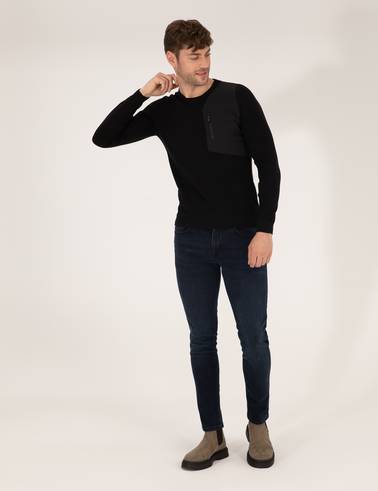 Siyah Slim Fit Bisiklet Yaka Triko Kazak
