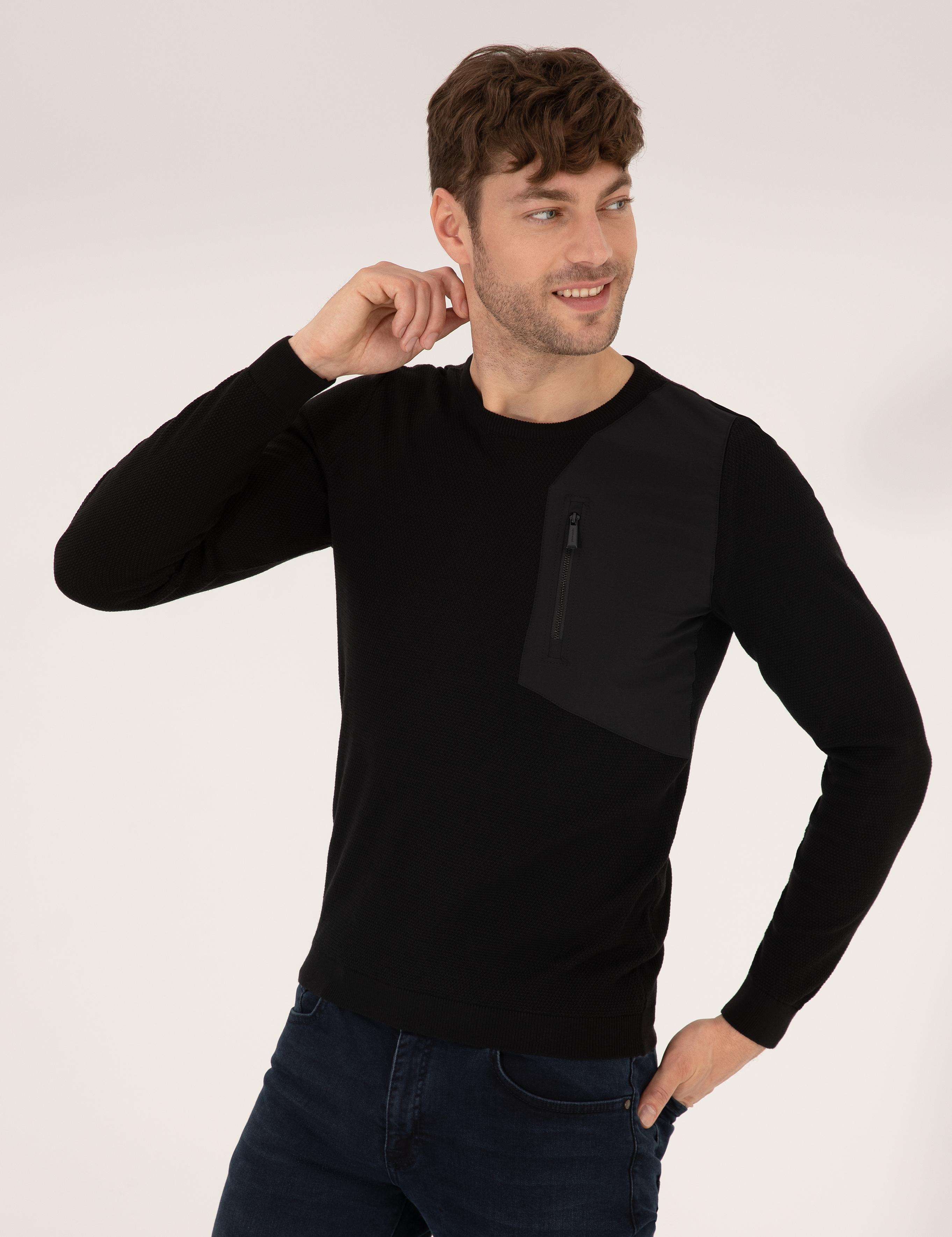 Siyah Slim Fit Bisiklet Yaka Triko Kazak