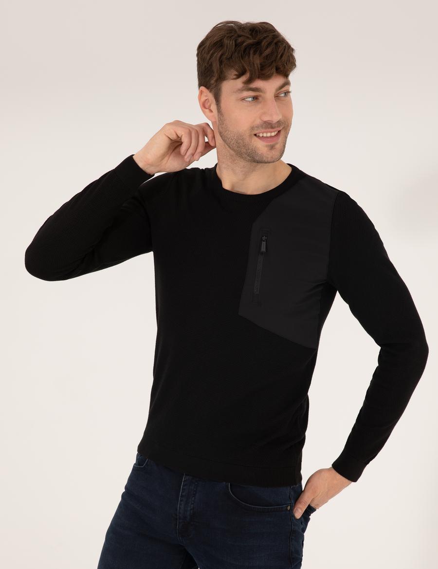 Siyah Slim Fit Bisiklet Yaka Triko Kazak