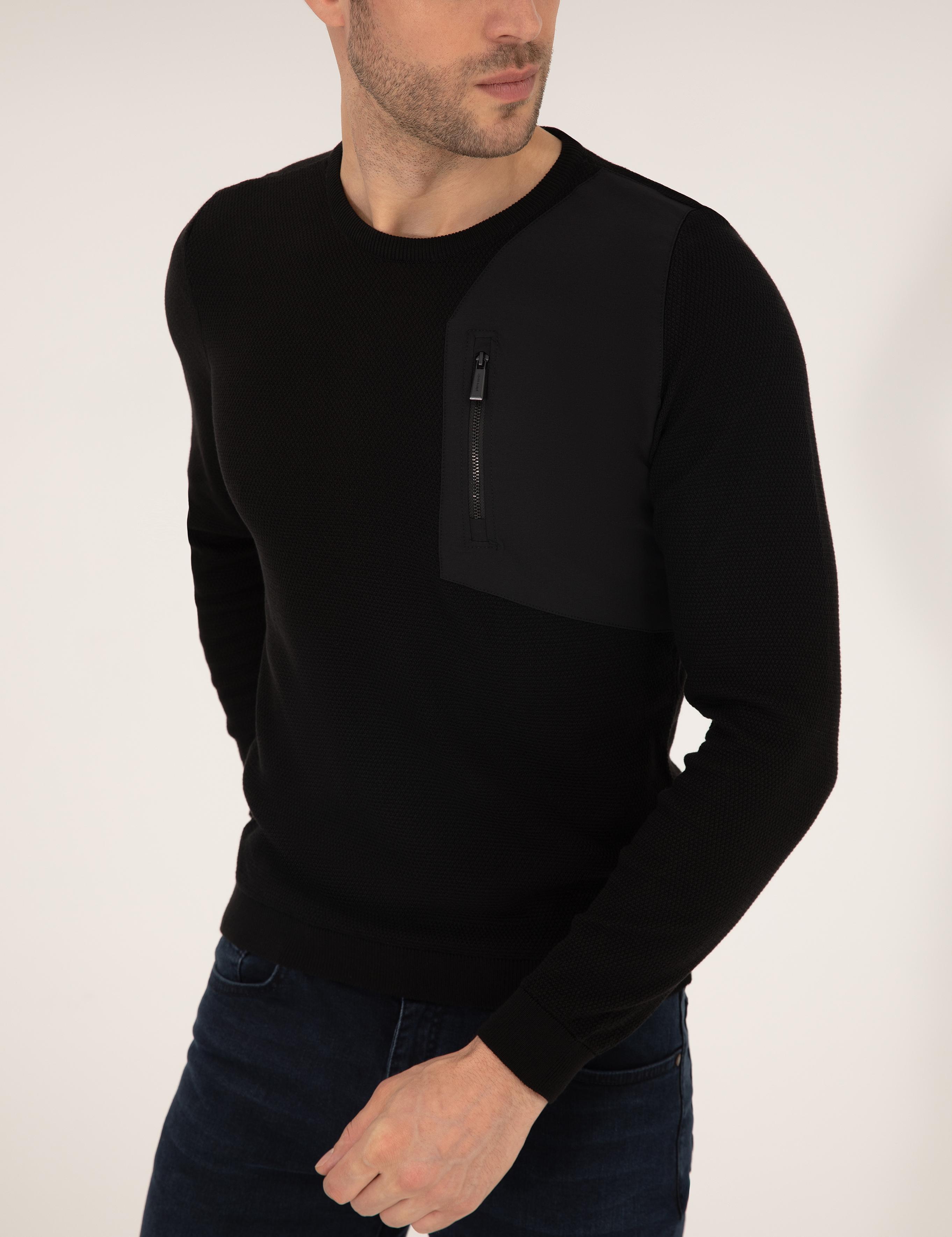 Siyah Slim Fit Bisiklet Yaka Triko Kazak