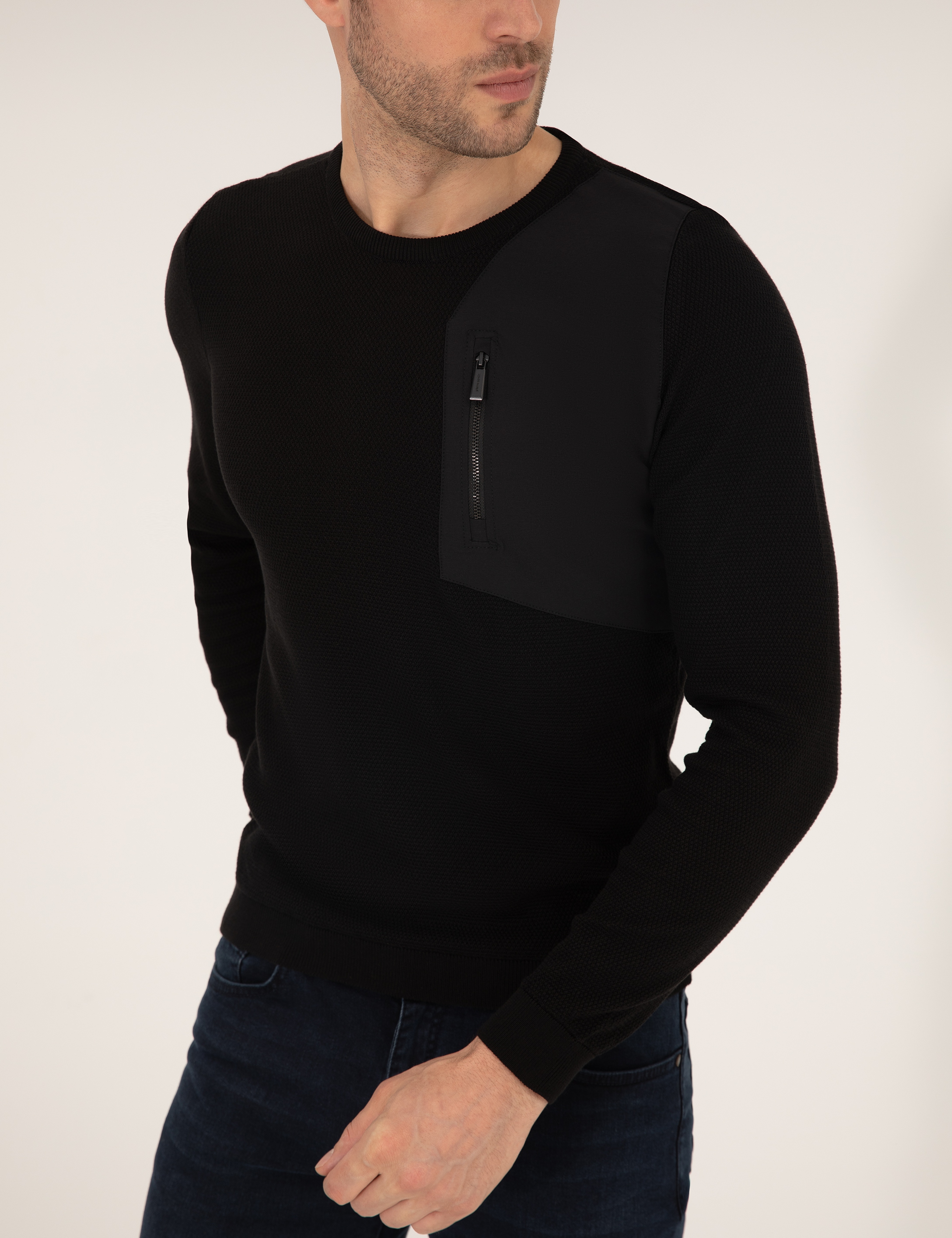 Siyah Slim Fit Bisiklet Yaka Triko Kazak - Image 2