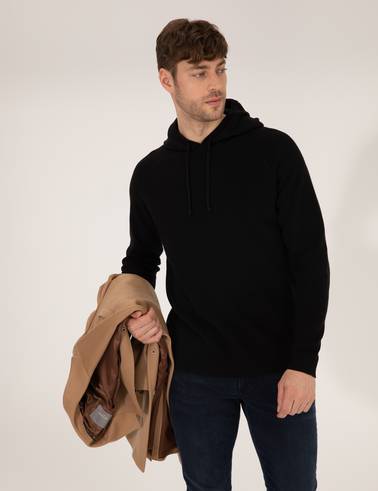 Siyah Regular Fit Kapüşonlu Triko Kazak