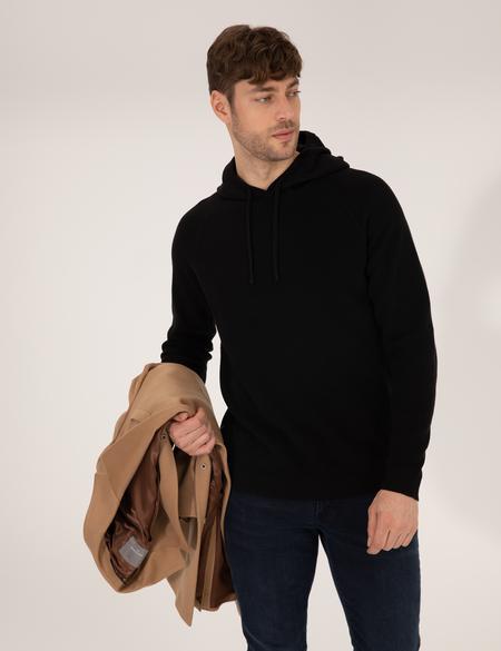 Siyah Regular Fit Kapüşonlu Triko Kazak - 50260289013