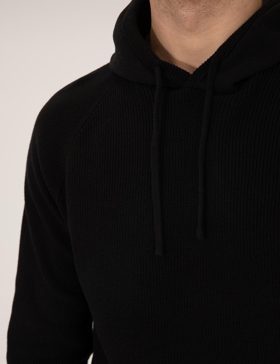 Siyah Regular Fit Kapüşonlu Triko Kazak