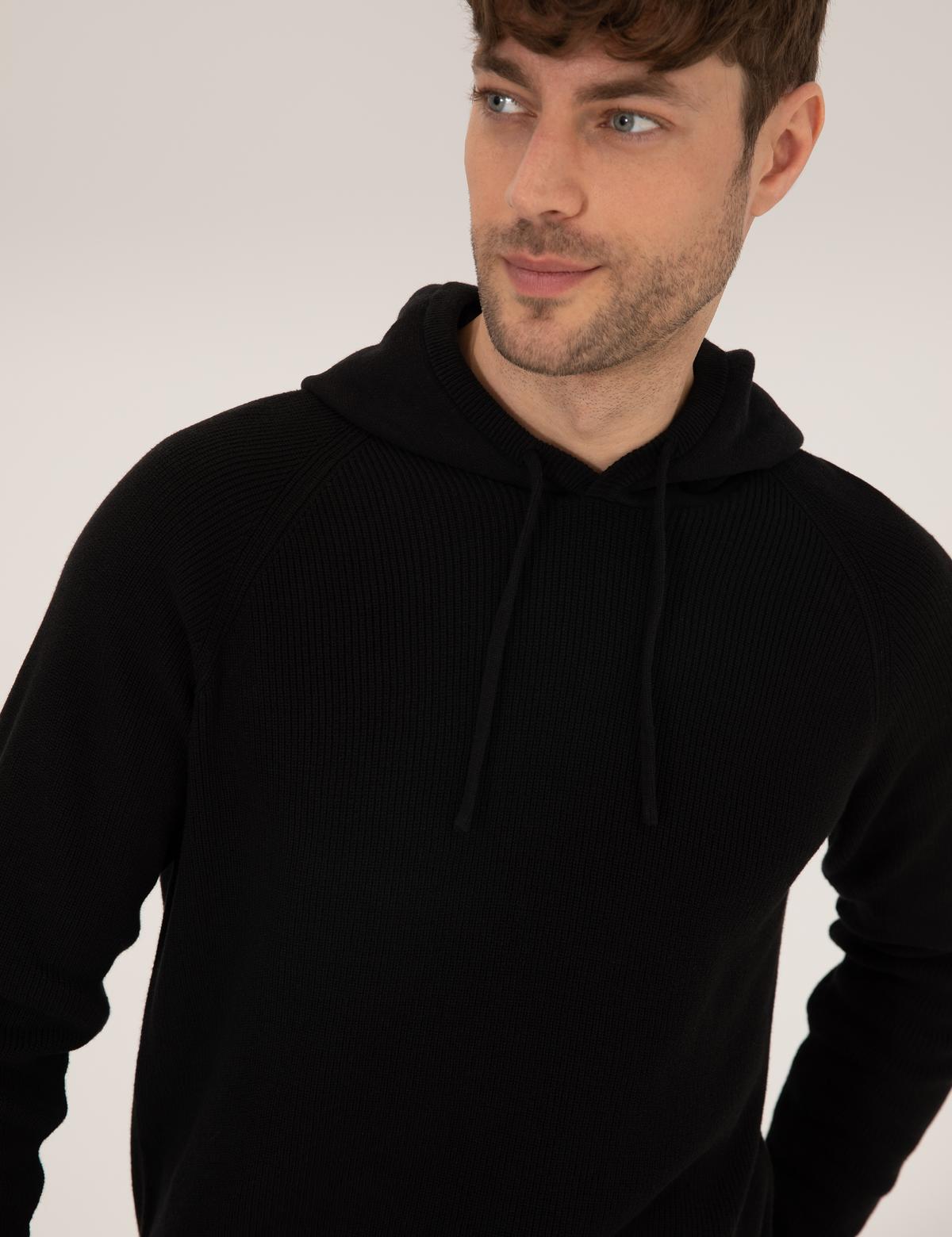 Siyah Regular Fit Kapüşonlu Triko Kazak - 50260289013