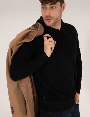 Siyah Regular Fit Kapüşonlu Triko Kazak