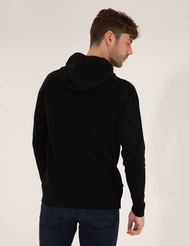 Siyah Regular Fit Kapüşonlu Triko Kazak