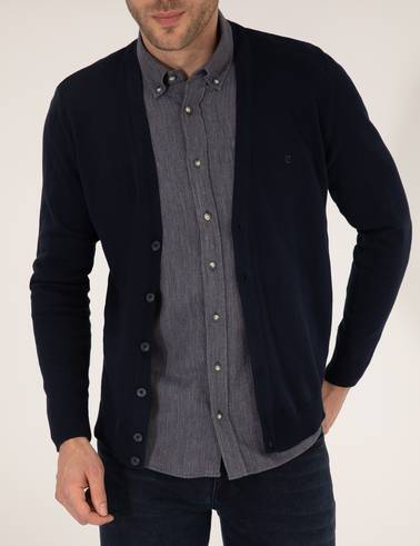 Lacivert Slim Fit Basic Düğmeli Triko Hırka