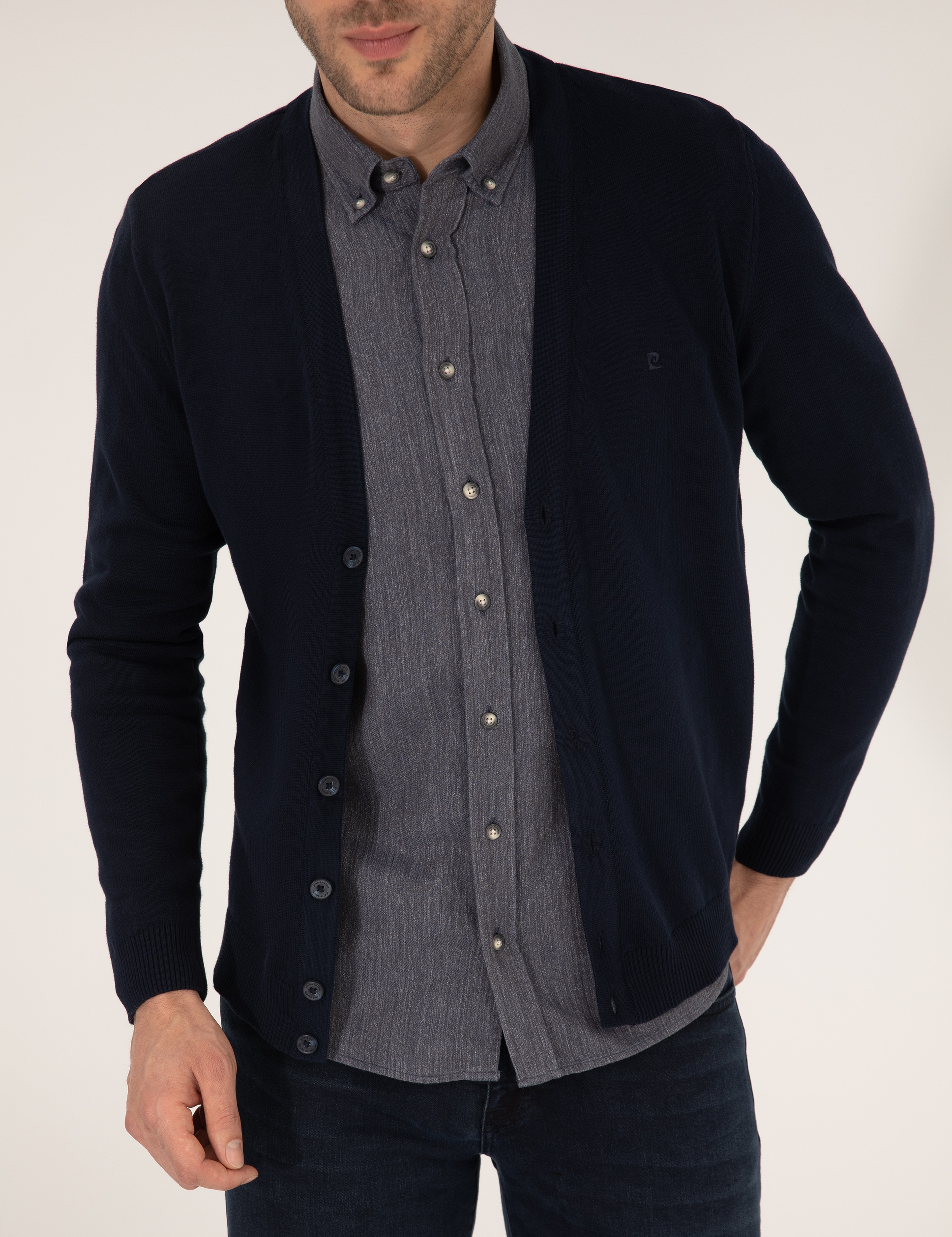 Lacivert Slim Fit Basic Düğmeli Triko Hırka