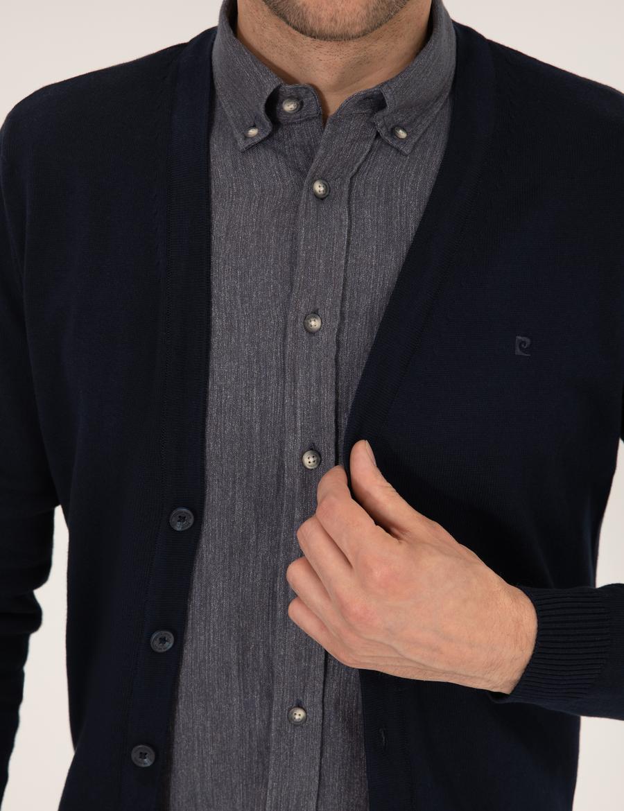 Lacivert Slim Fit Basic Düğmeli Triko Hırka