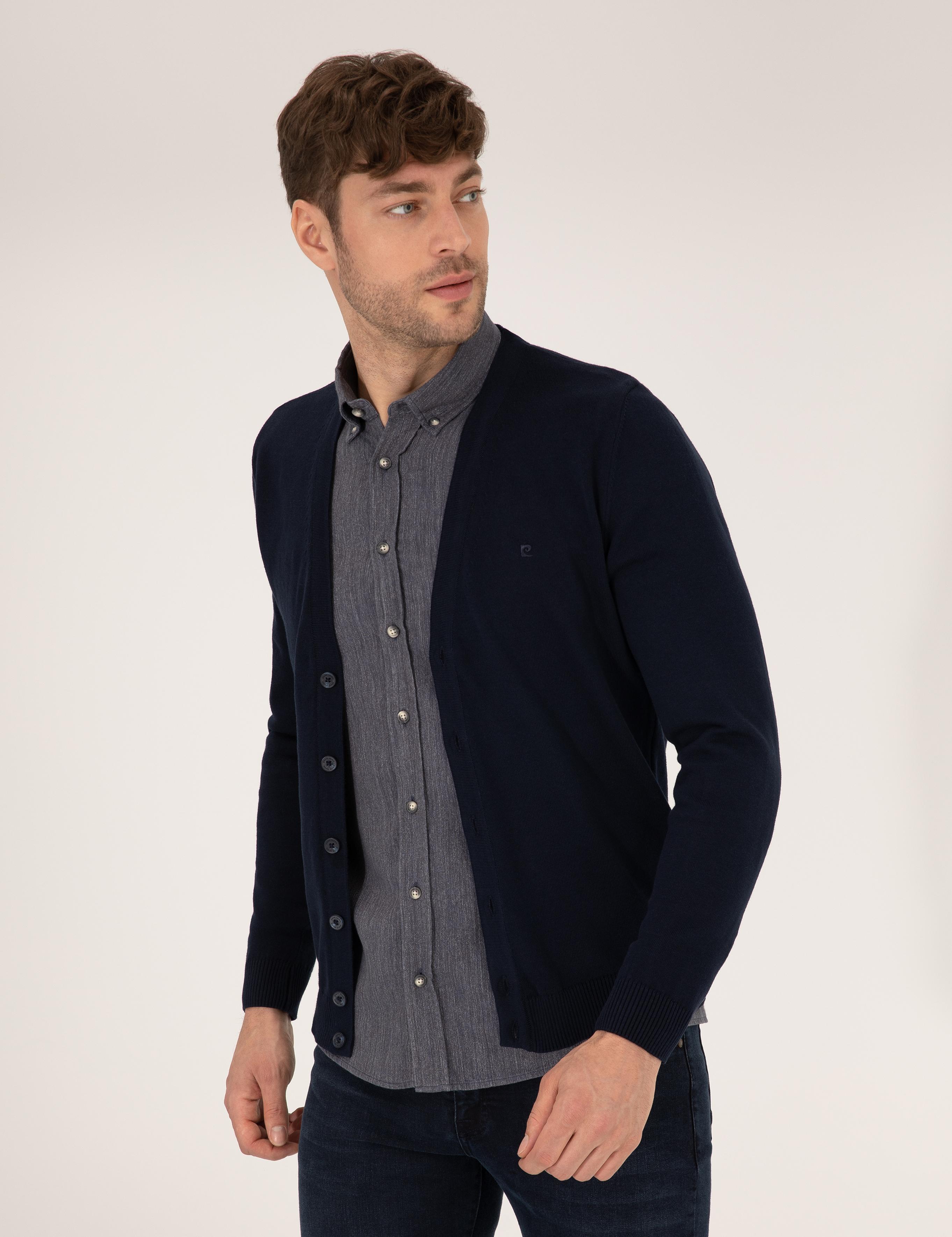 Lacivert Slim Fit Basic Düğmeli Triko Hırka