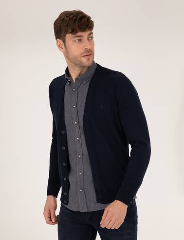 Lacivert Slim Fit Basic Düğmeli Triko Hırka