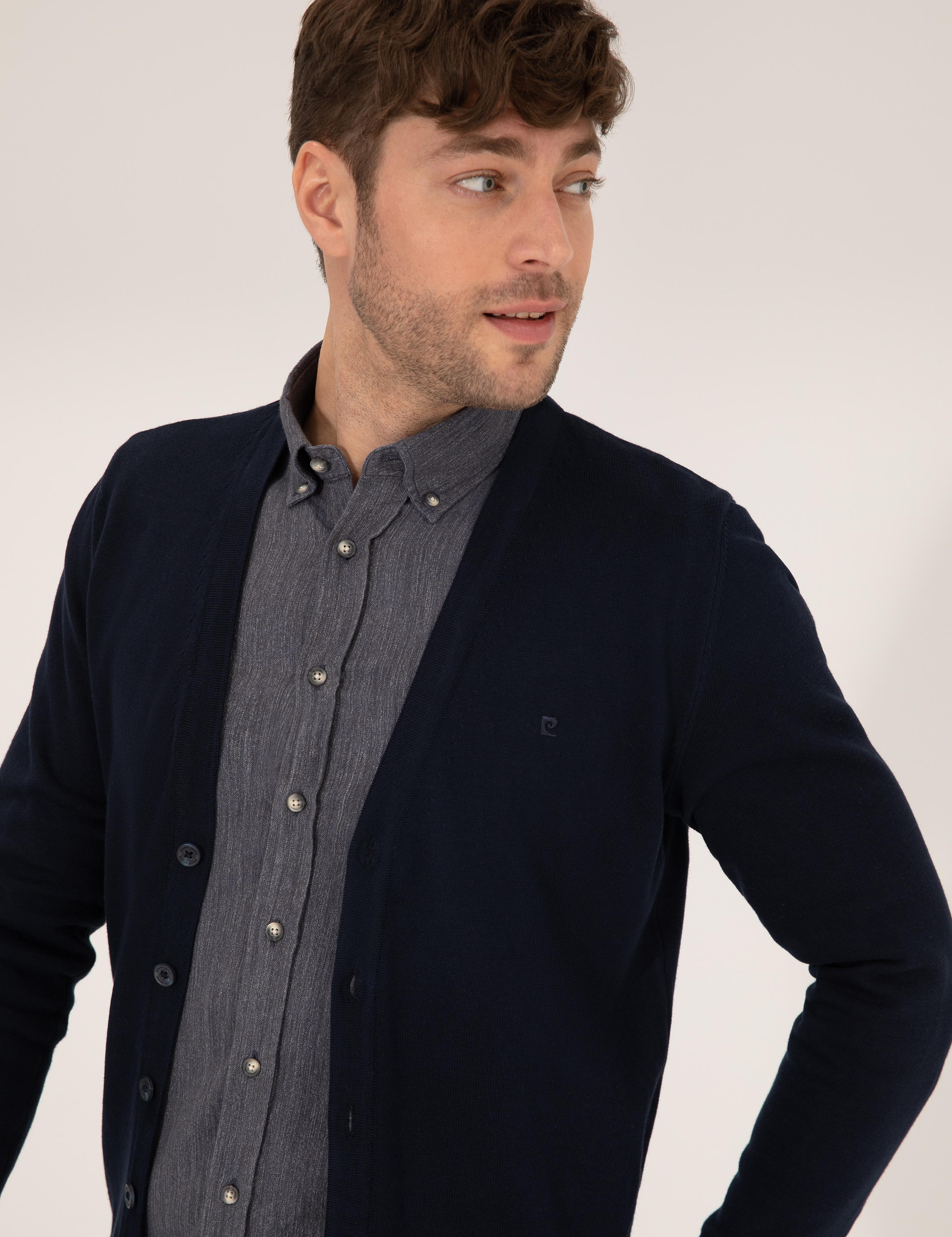 Lacivert Slim Fit Basic Düğmeli Triko Hırka