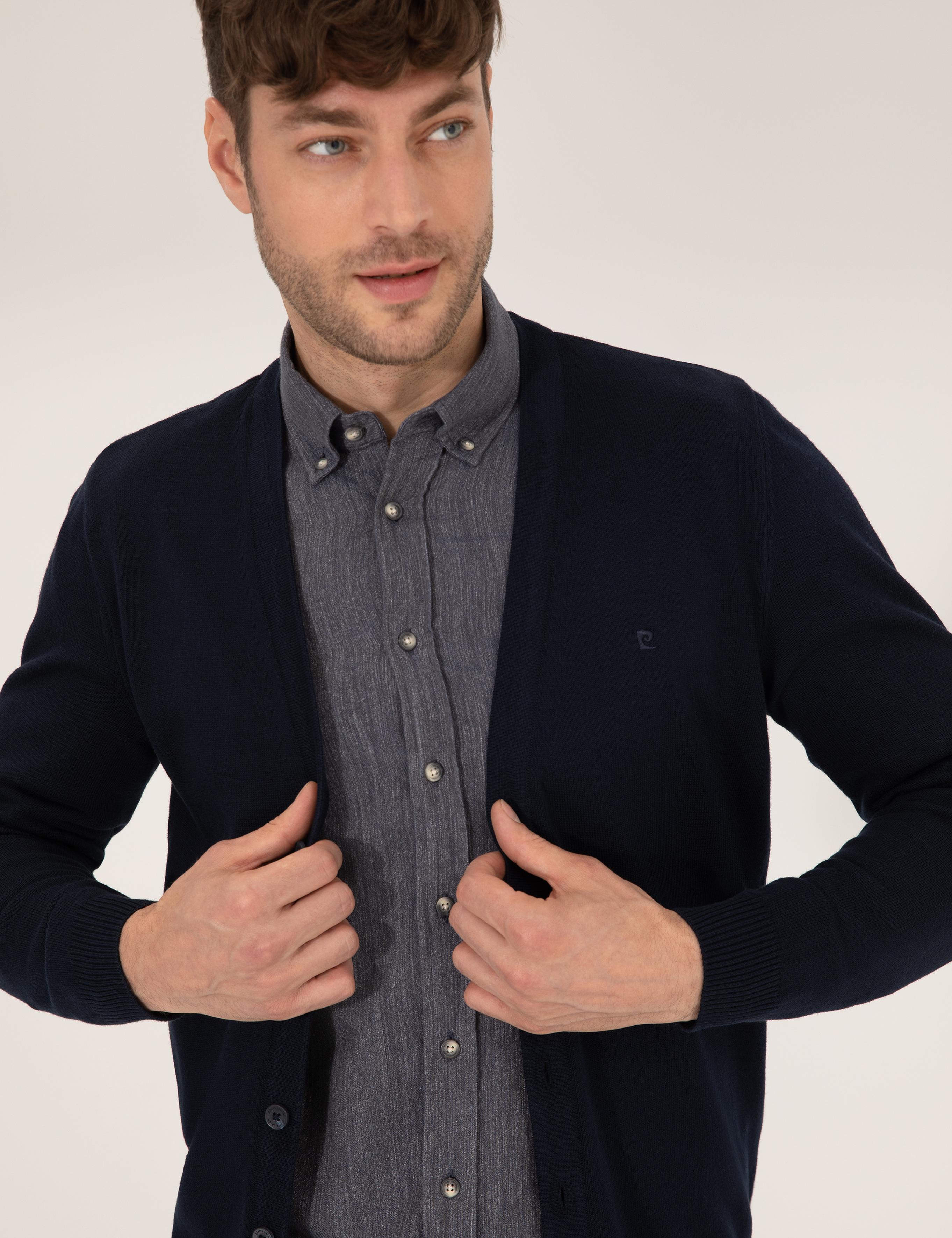 Lacivert Slim Fit Basic Düğmeli Triko Hırka