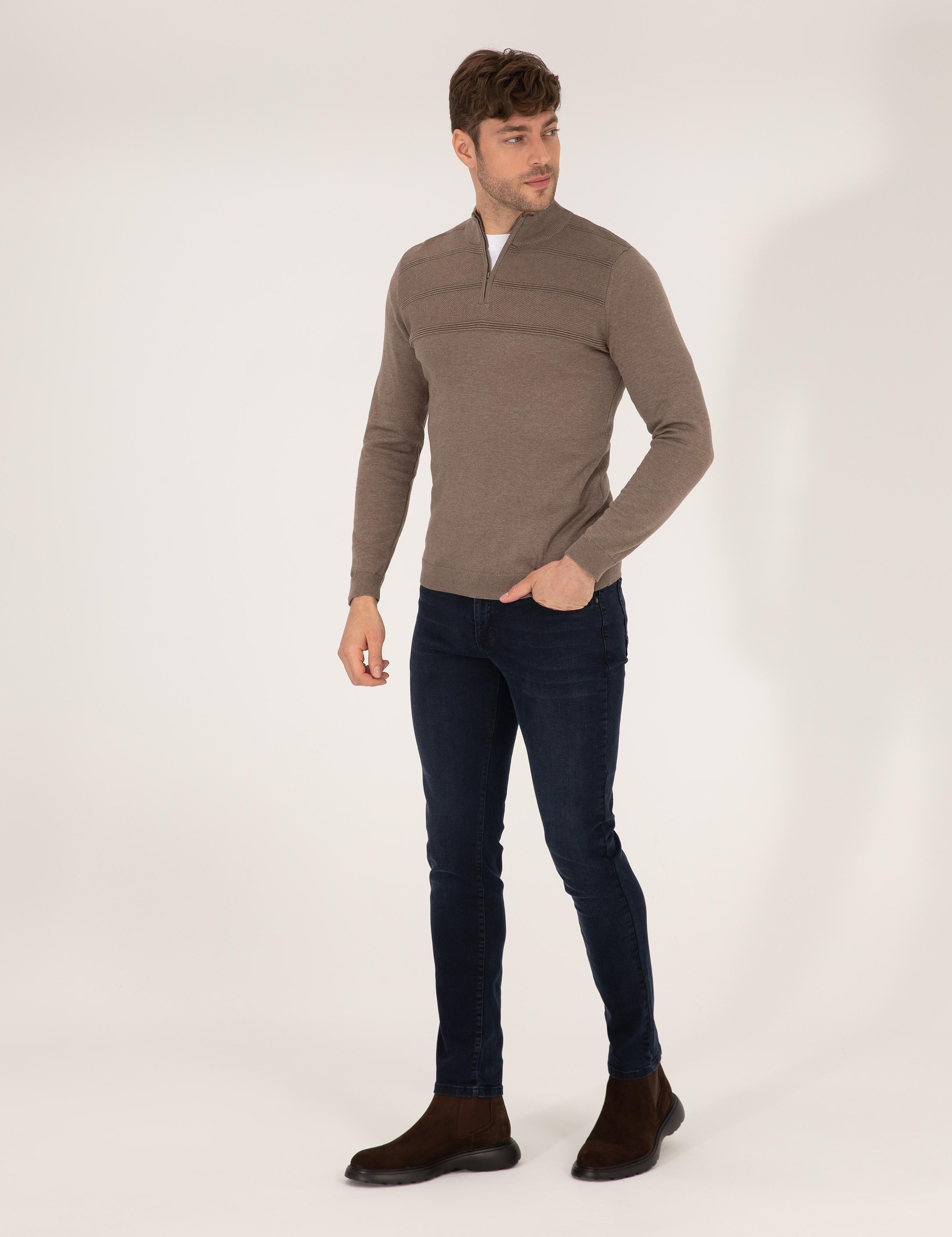 Vizon Melanj Slim Fit Yarım Balıkçı Yaka Triko Kazak