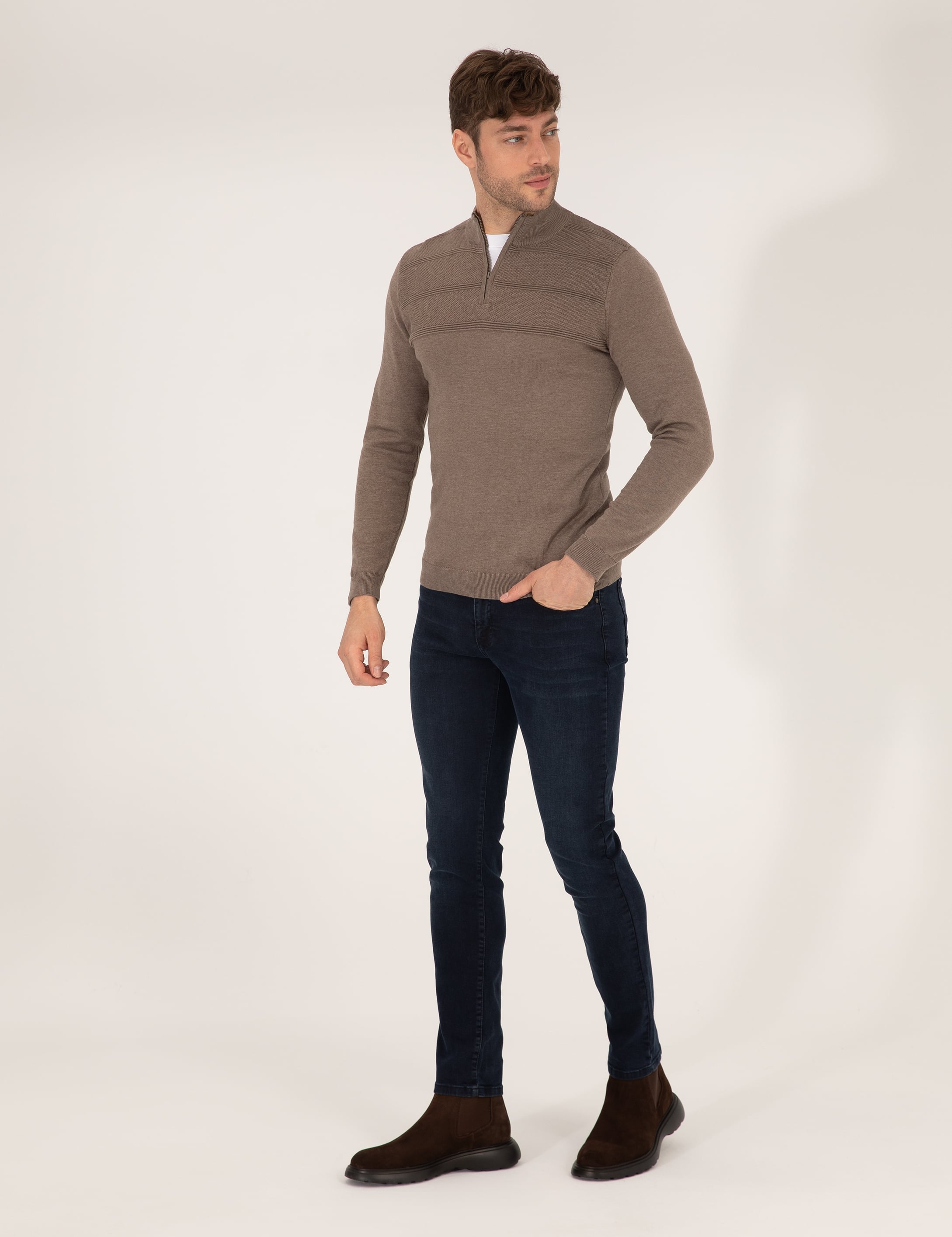 Vizon Melanj Slim Fit Yarım Balıkçı Yaka Triko Kazak - Image 4