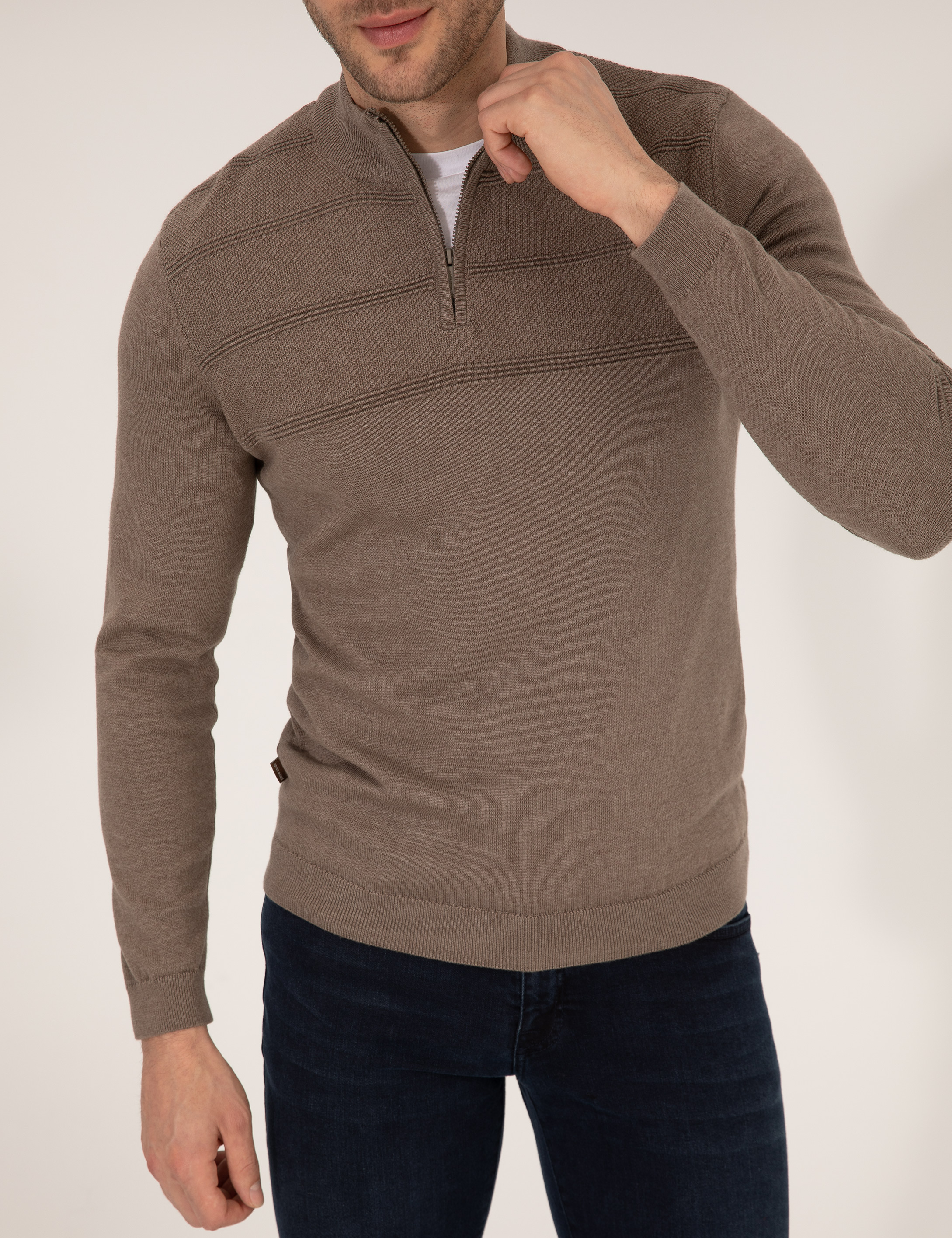 Vizon Melanj Slim Fit Yarım Balıkçı Yaka Triko Kazak