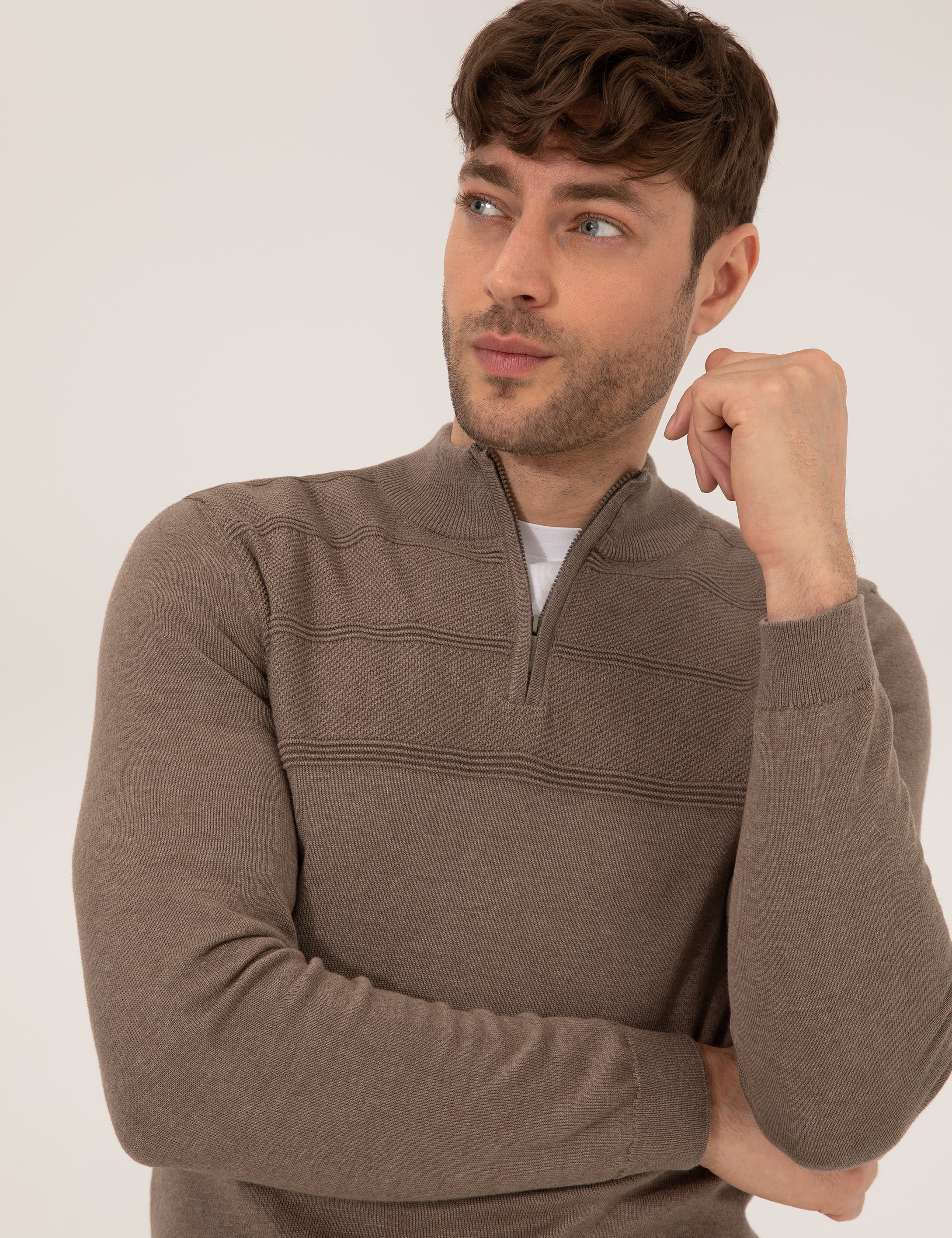 Vizon Melanj Slim Fit Yarım Balıkçı Yaka Triko Kazak - Image 2
