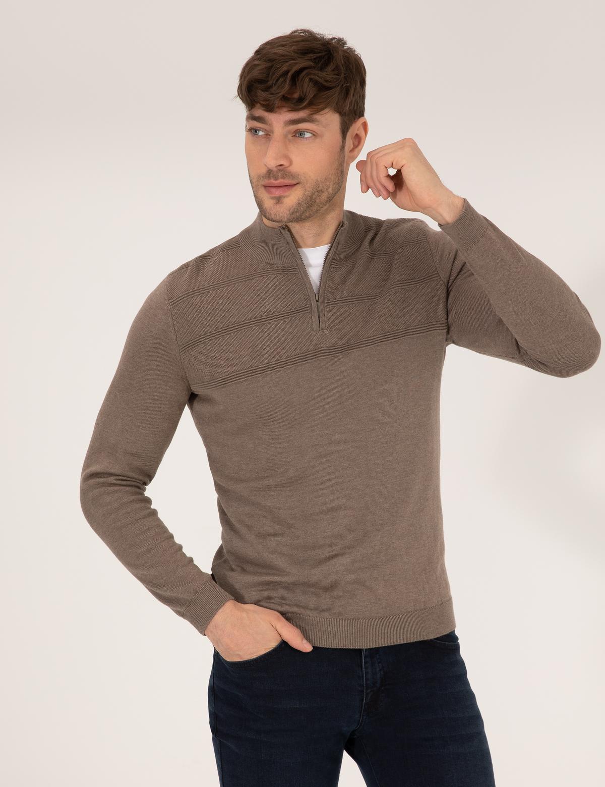 Vizon Melanj Slim Fit Yarım Balıkçı Yaka Triko Kazak