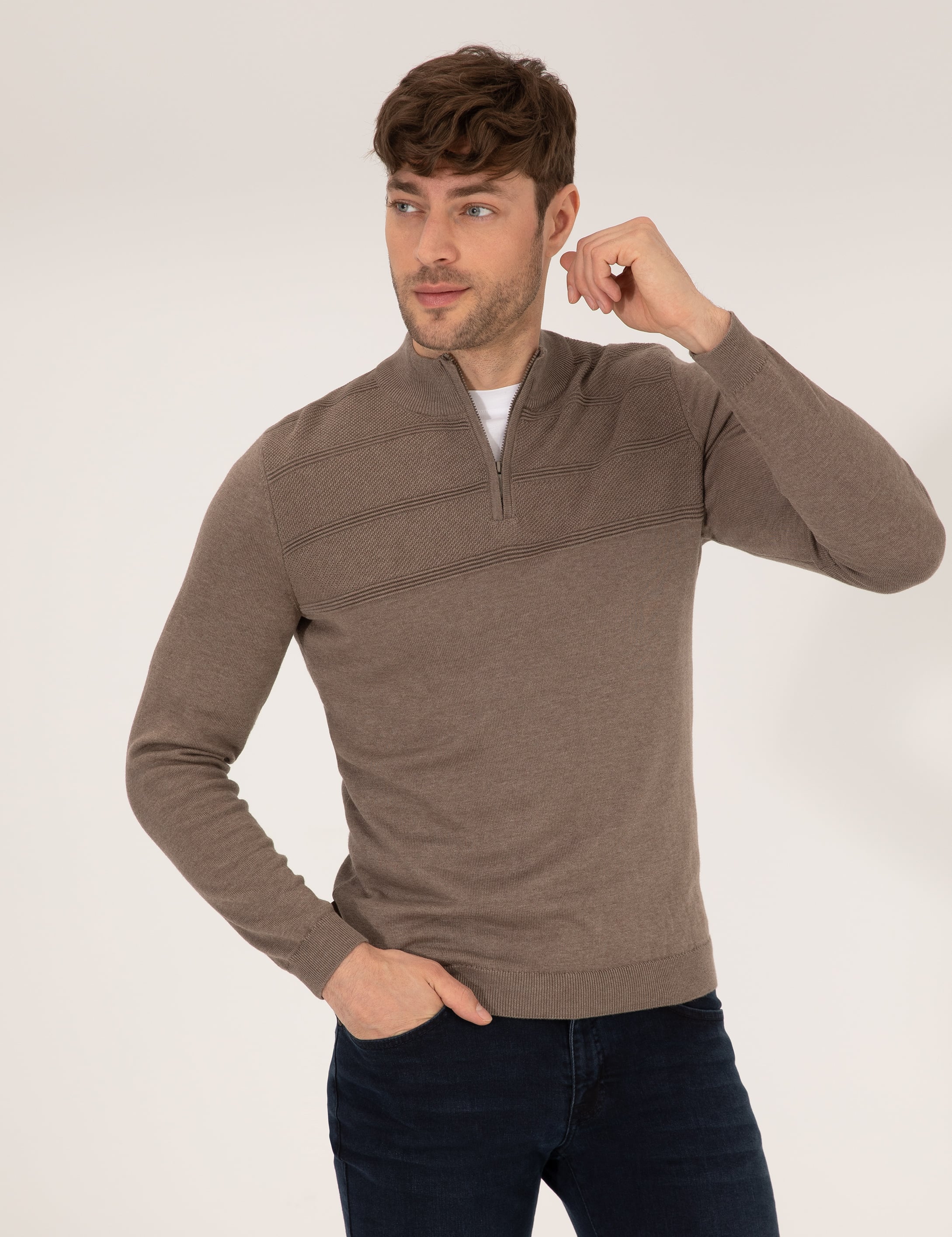 Vizon Melanj Slim Fit Yarım Balıkçı Yaka Triko Kazak