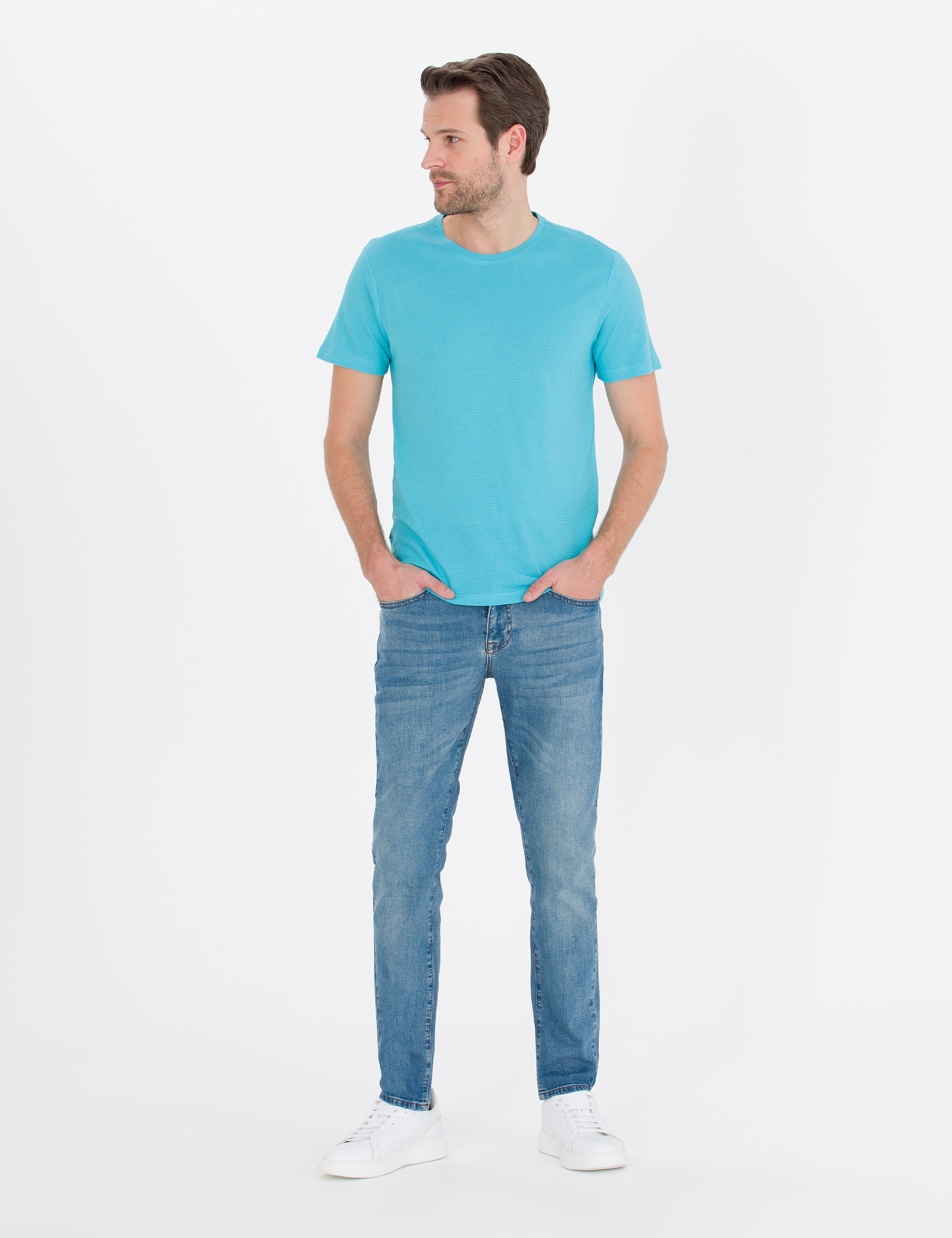 Pierre Cardin Mavi Slim Fit Bisiklet Yaka Basic Tişört görsel 4