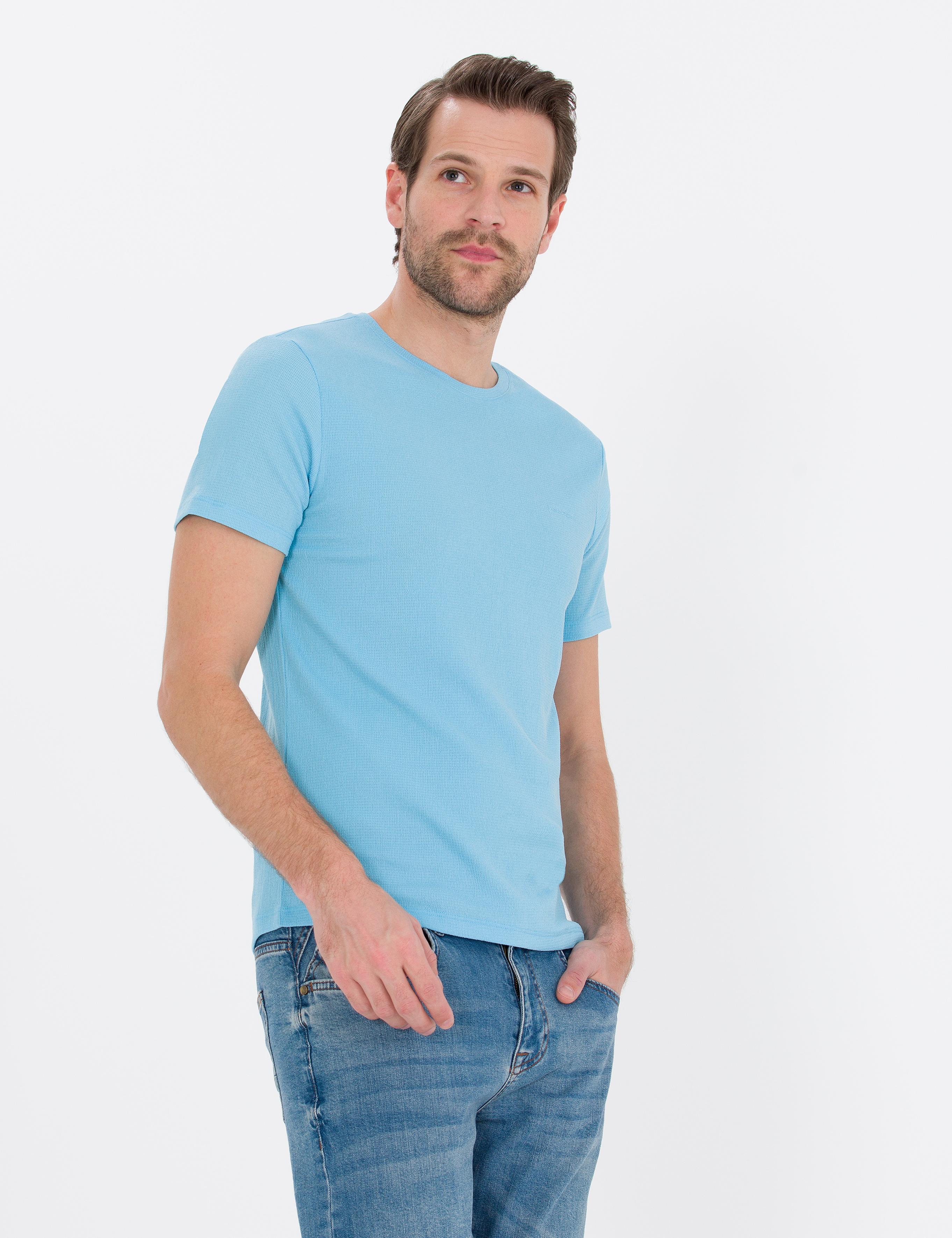 Açık Mavi Slim Fit Dokulu Bisiklet Yaka Tişört