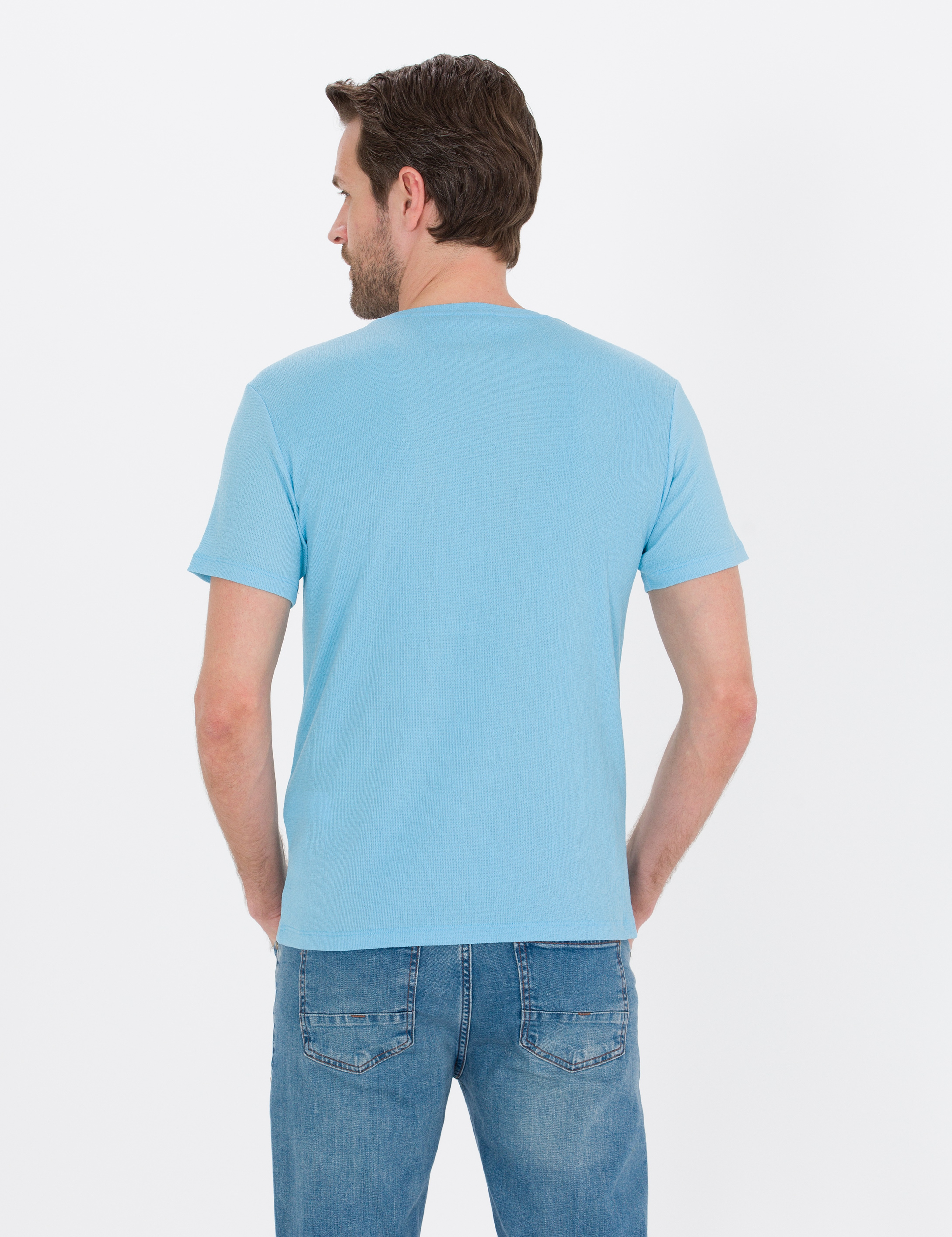 Açık Mavi Slim Fit Dokulu Bisiklet Yaka Tişört - Image 5