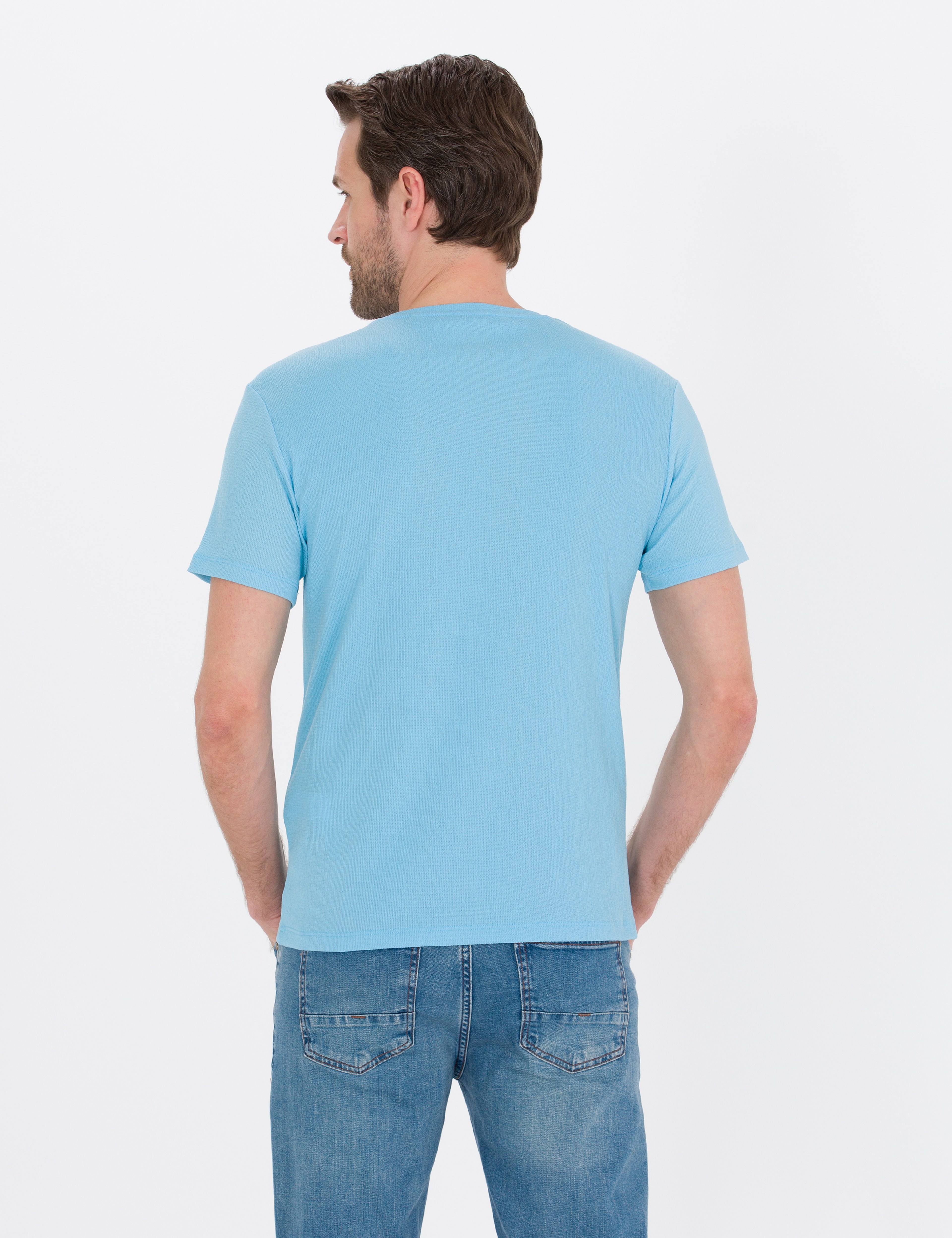 Açık Mavi Slim Fit Dokulu Bisiklet Yaka Tişört