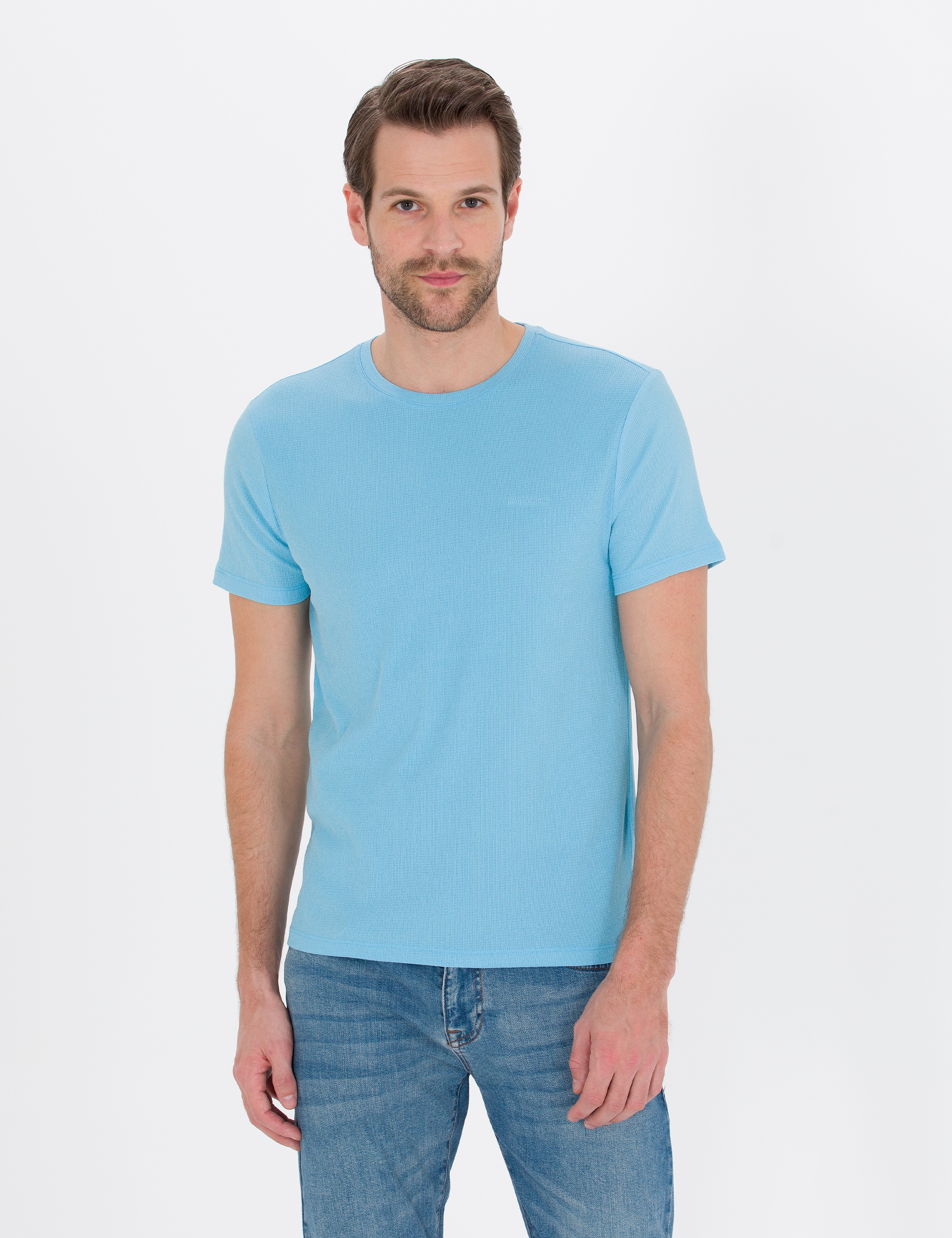 Açık Mavi Slim Fit Dokulu Bisiklet Yaka Tişört