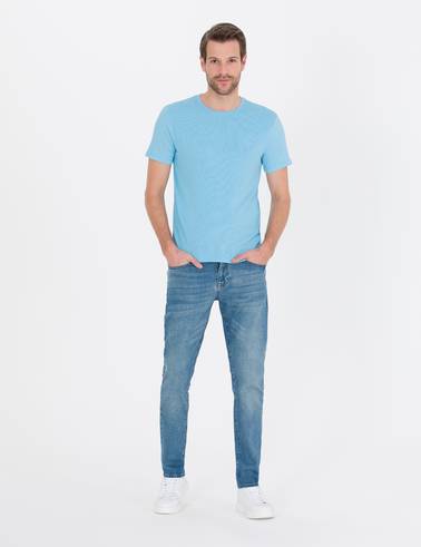 Açık Mavi Slim Fit Dokulu Bisiklet Yaka Tişört
