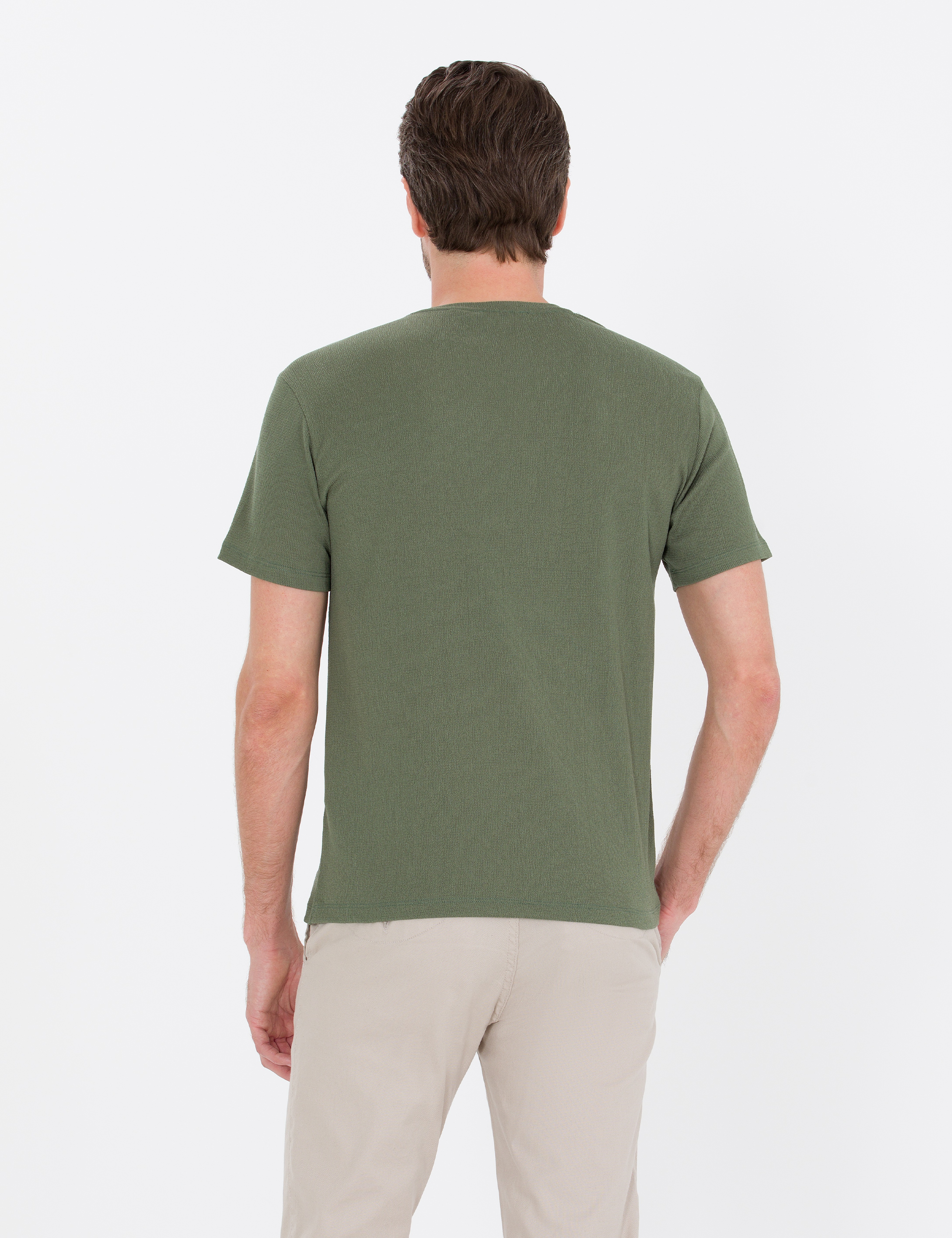Haki Slim Fit Dokulu Bisiklet Yaka Tişört