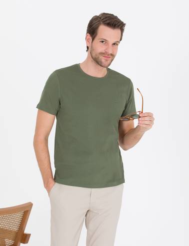 Haki Slim Fit Dokulu Bisiklet Yaka Tişört