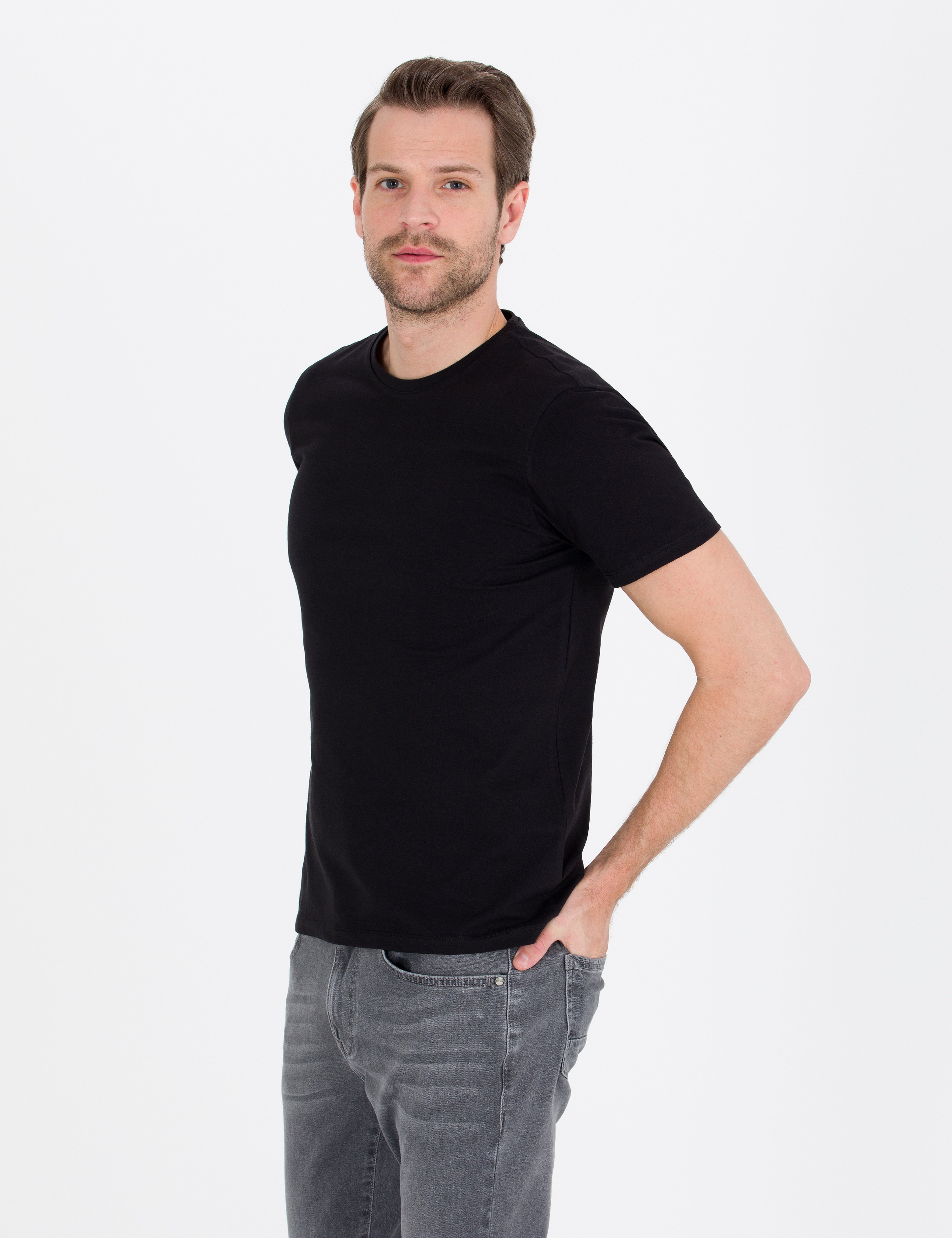 Siyah Slim Fit Basic T-shirt - Image 2