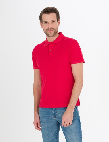 Kırmızı Slim Fit %100 Pamuk Düğmeli Polo Yaka Basic Tişört