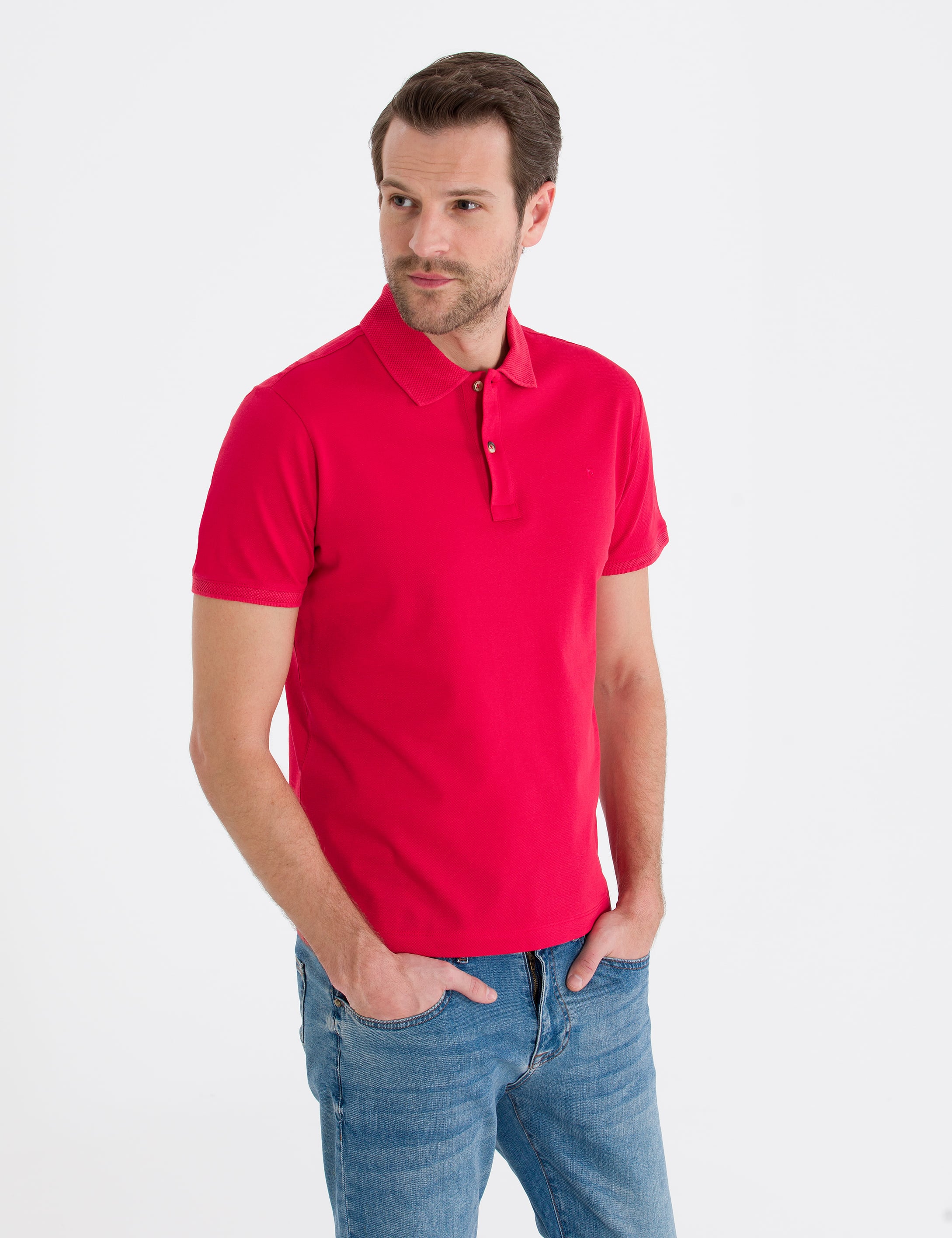 Kırmızı Slim Fit Polo Yaka Merserize Tişört - Image 3