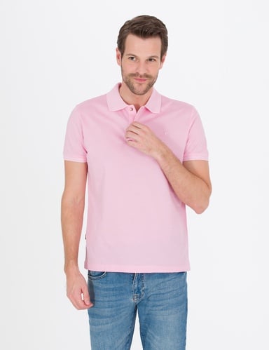 Pembe Slim Fit Düğmeli Polo Yaka Merserize Basic Tişört
