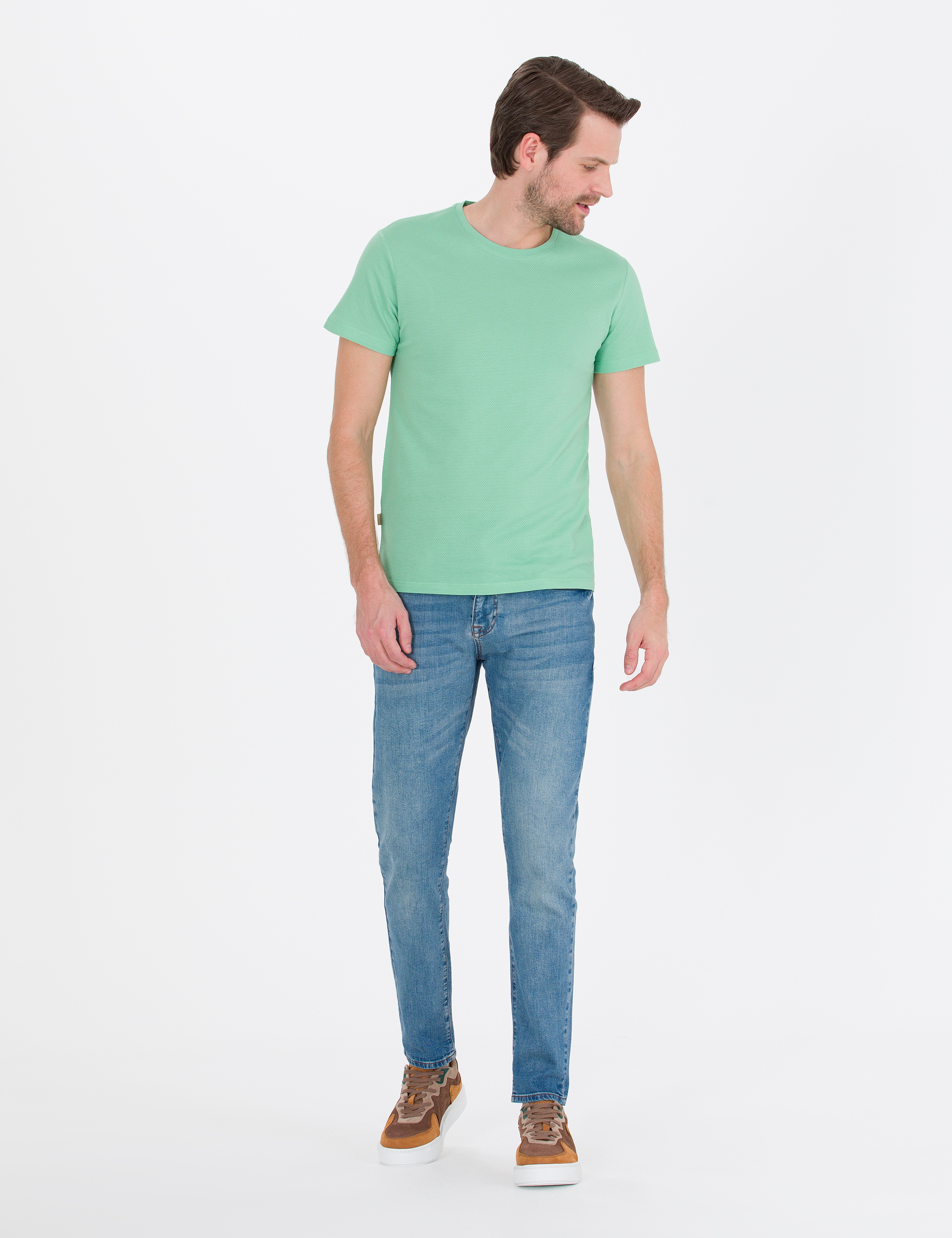 Açık Yeşil Slim Fit Bisiklet Yaka Basic Tişört