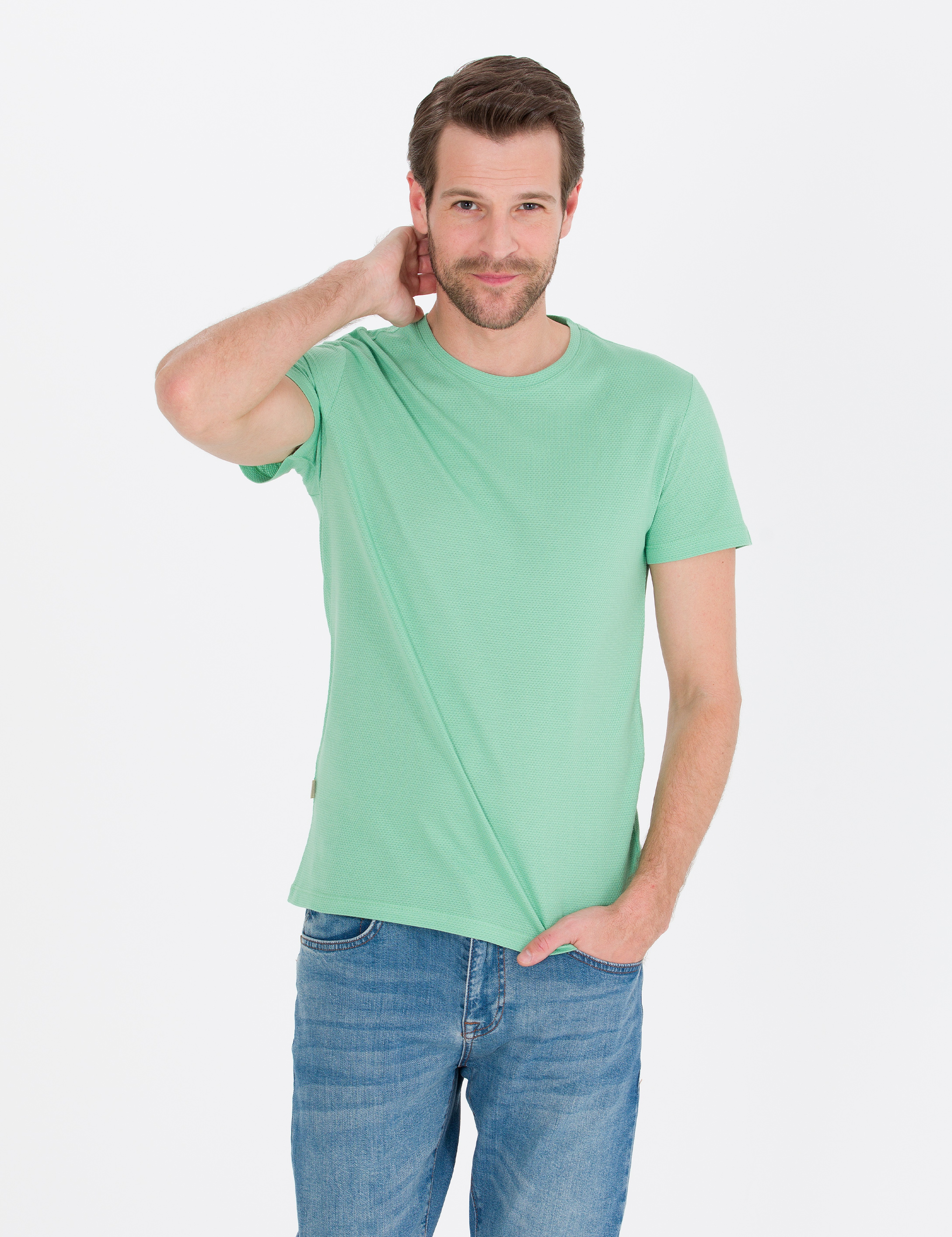 Açık Yeşil Slim Fit Bisiklet Yaka Basic Tişört - Image 2