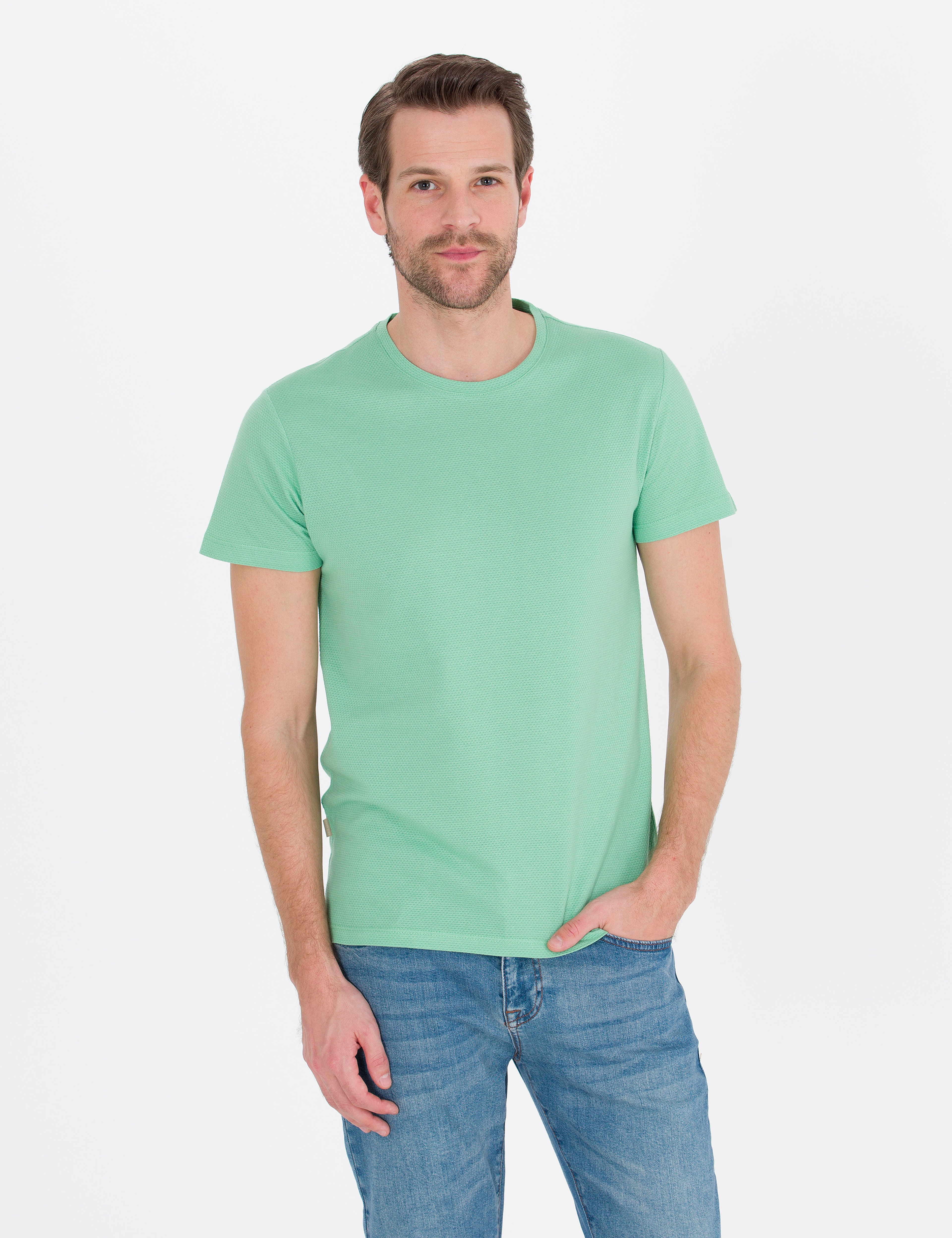 Açık Yeşil Slim Fit Bisiklet Yaka Basic Tişört - Image 3