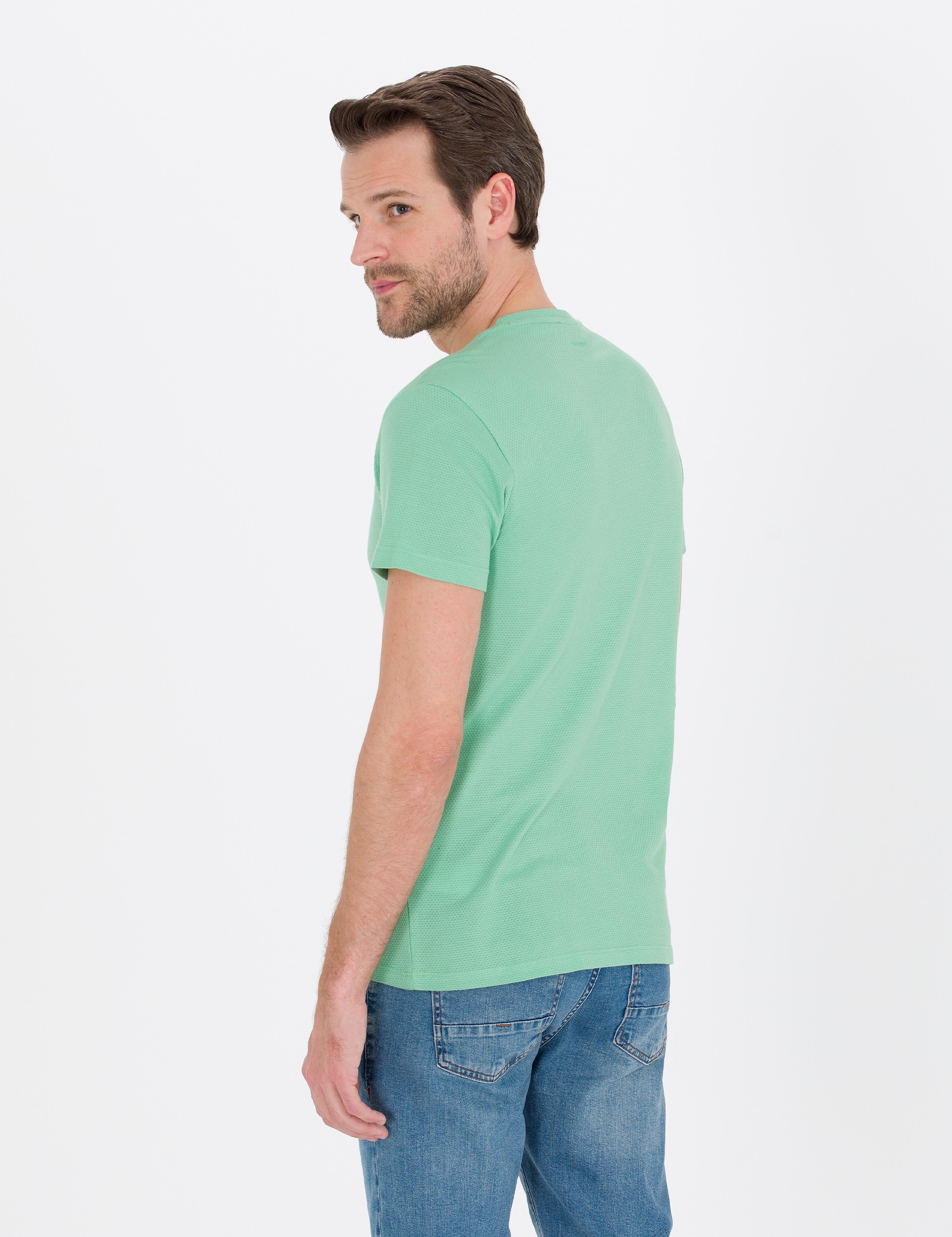 Açık Yeşil Slim Fit Bisiklet Yaka Basic Tişört - Image 5