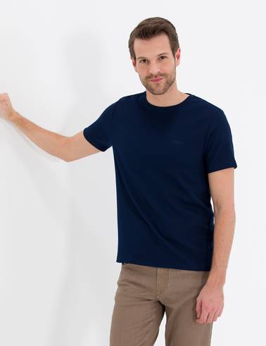 Lacivert Slim Fit Dokulu Bisiklet Yaka Tişört