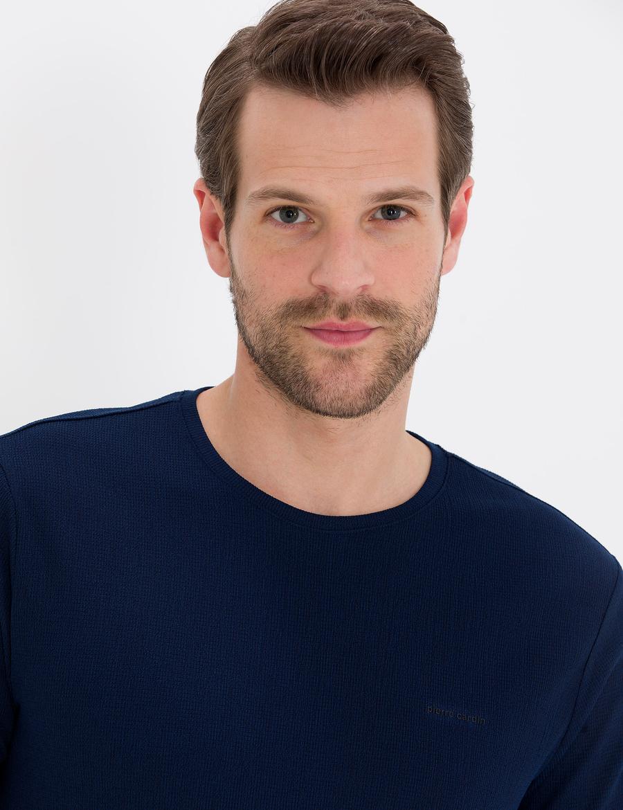 Lacivert Slim Fit Dokulu Bisiklet Yaka Tişört