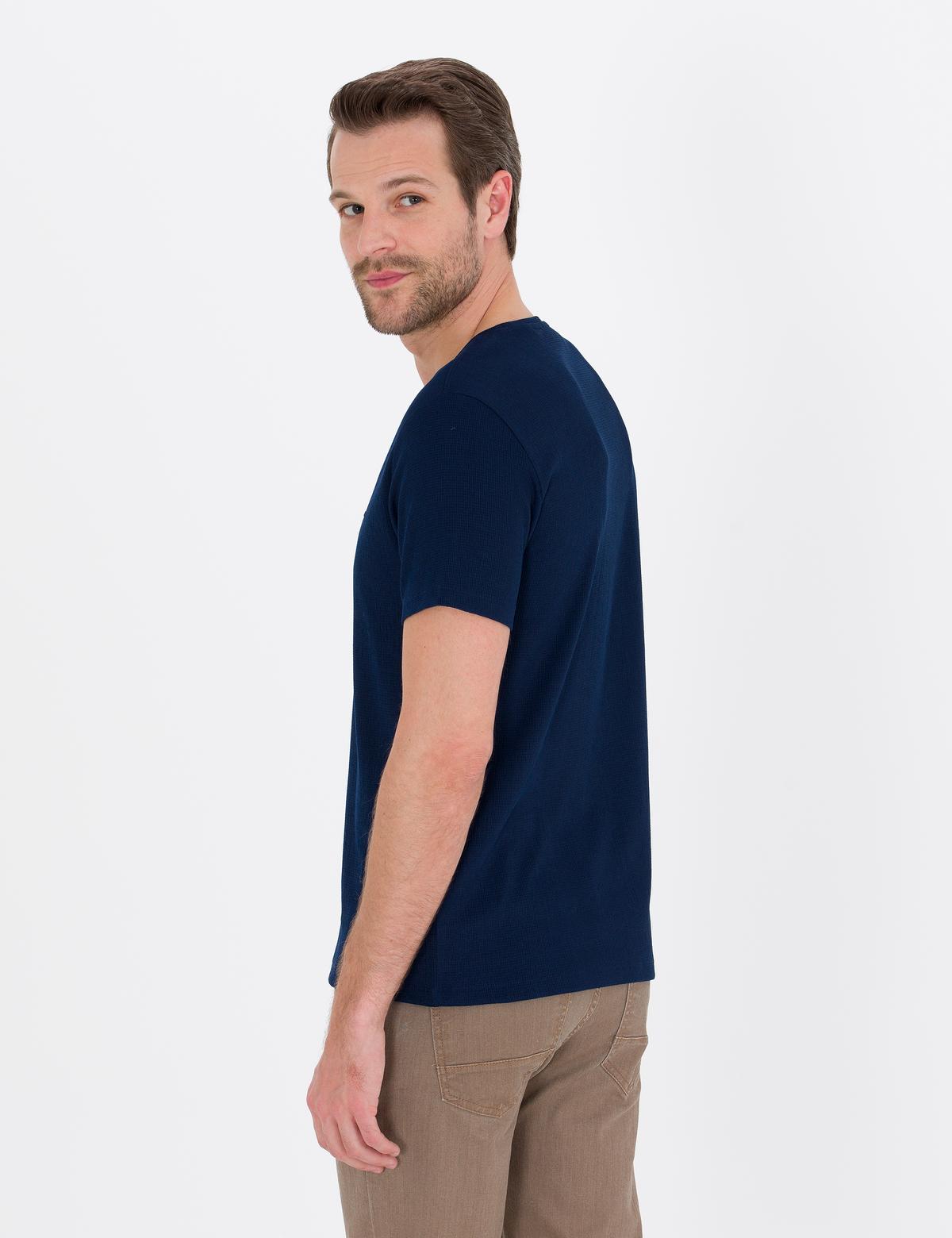 Lacivert Slim Fit Dokulu Bisiklet Yaka Tişört - 50267575083