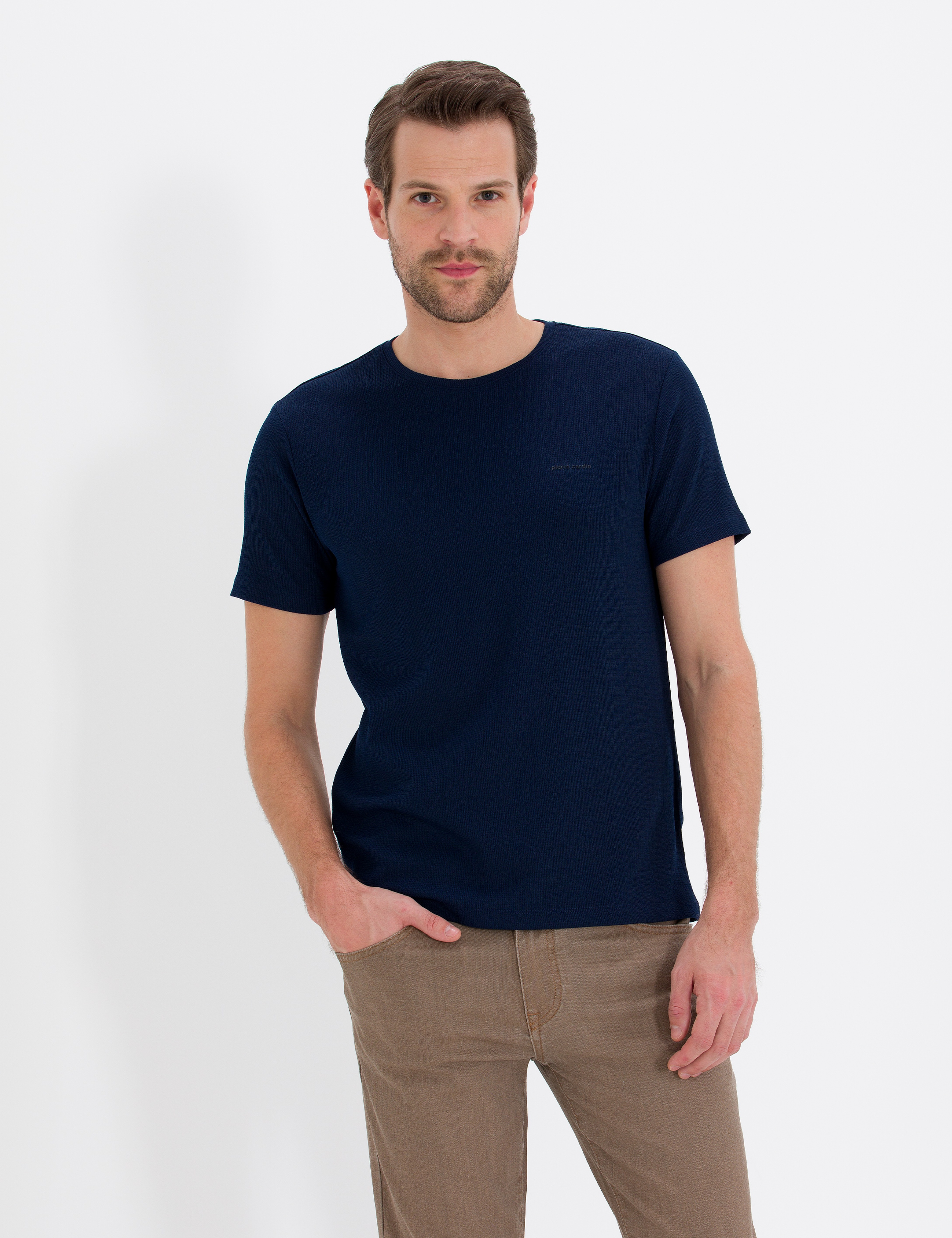 Lacivert Slim Fit Dokulu Bisiklet Yaka Tişört