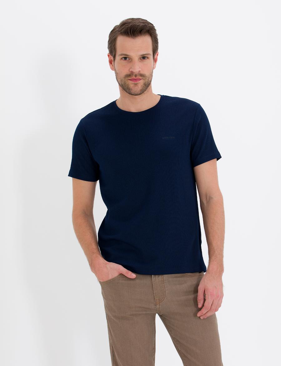 Lacivert Slim Fit Dokulu Bisiklet Yaka Tişört