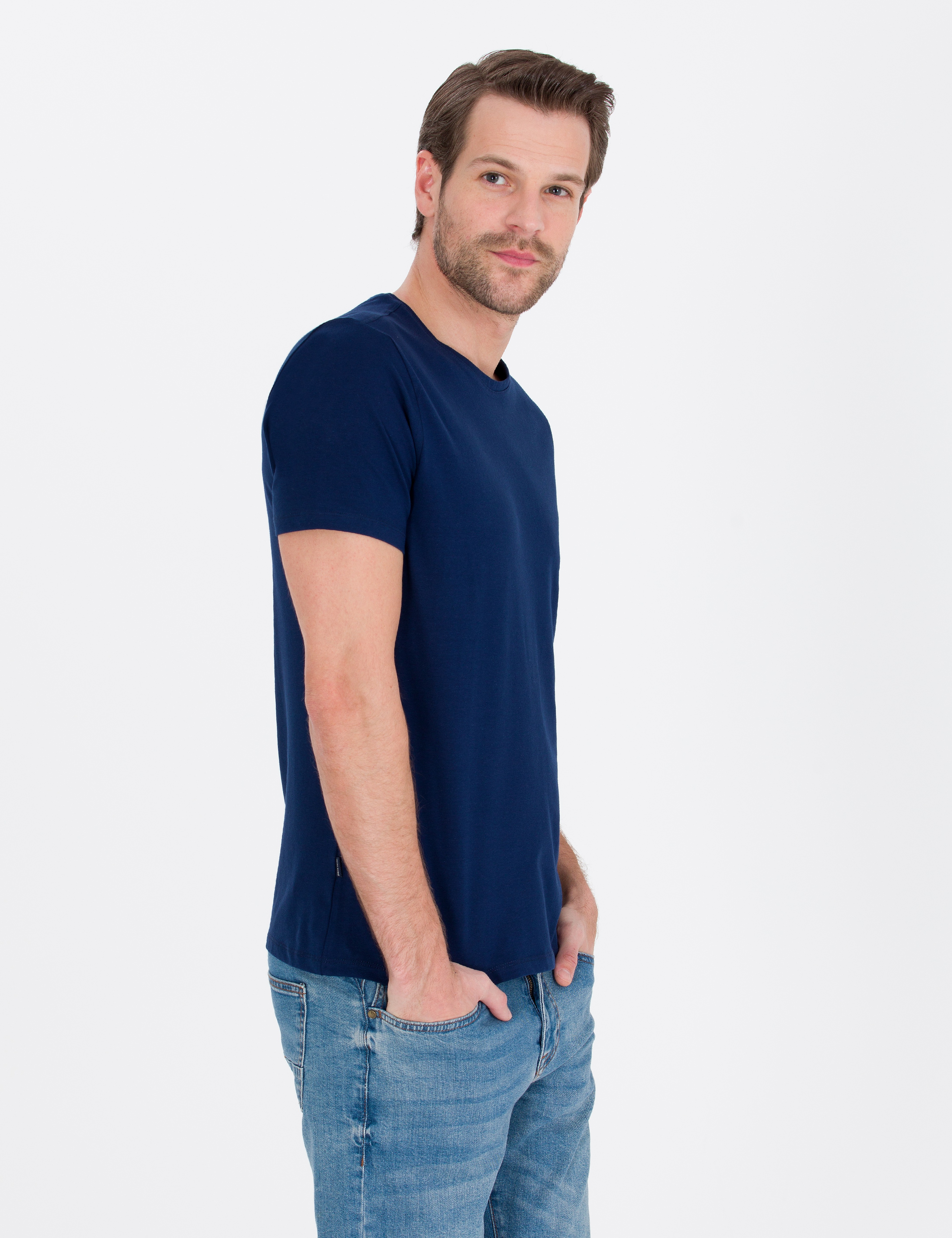 Lacivert Slim Fit Bisiklet Yaka Basic Tişört - Image 3