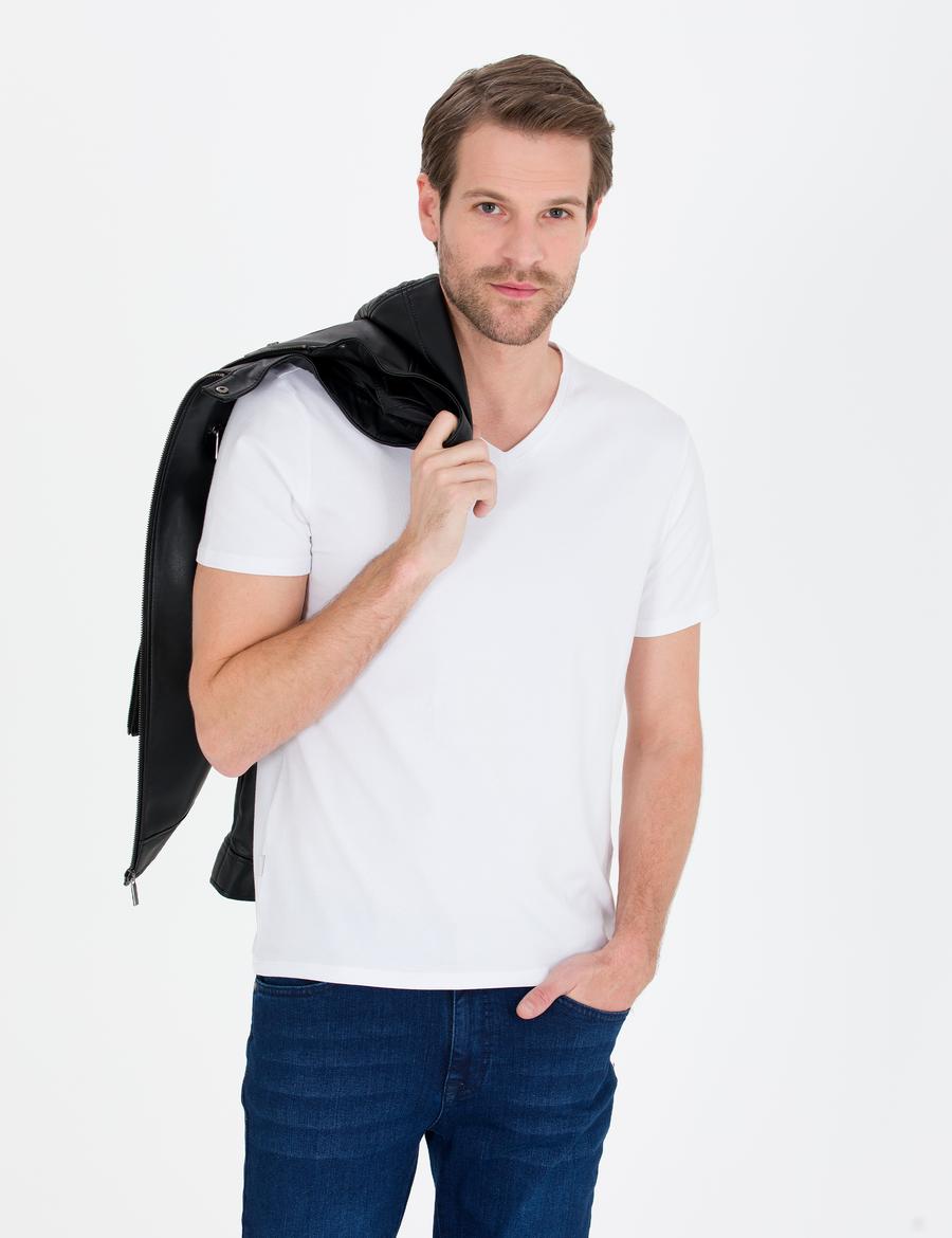 Beyaz Slim Fit V Yaka Basic Tişört