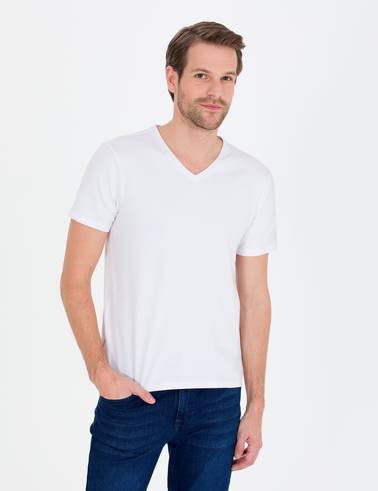 Beyaz Slim Fit V Yaka Basic Tişört